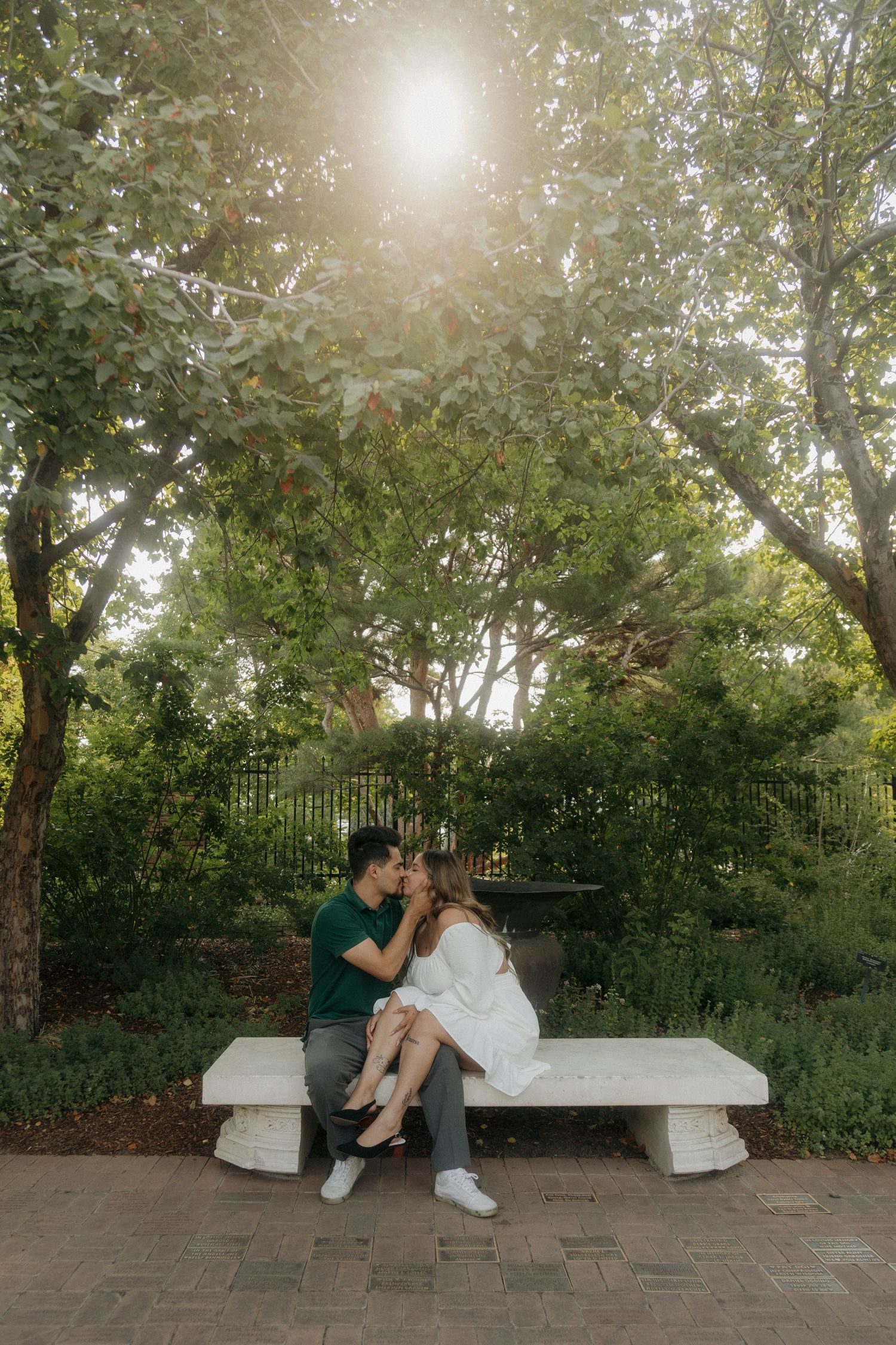 Couple sharing a romantic kiss on a stone bench surrounded by lush green trees with golden sunlight filtering through.
