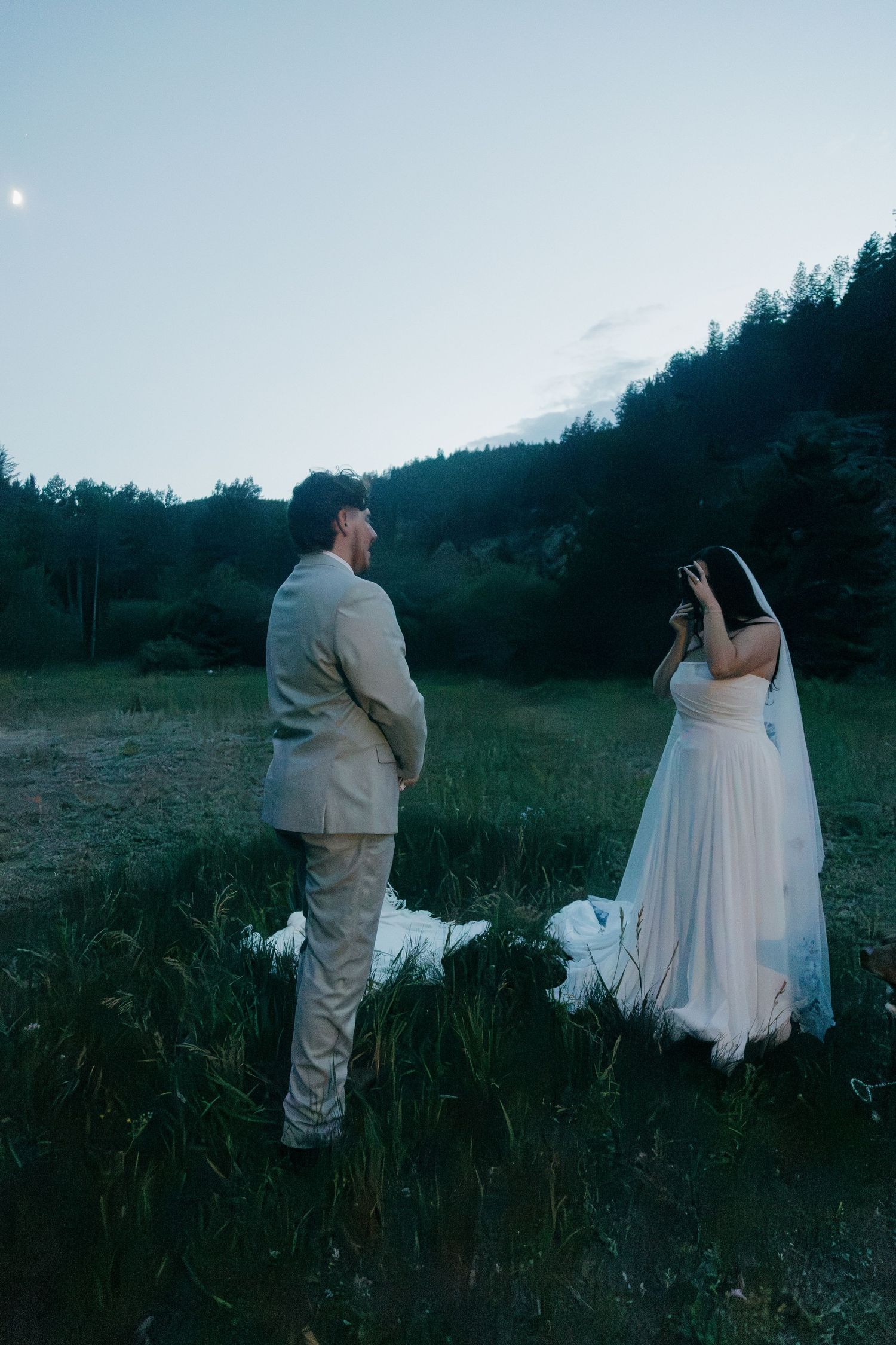 A bride and groom stand facing each other in a lush green meadow at dusk with forested hills in the background.