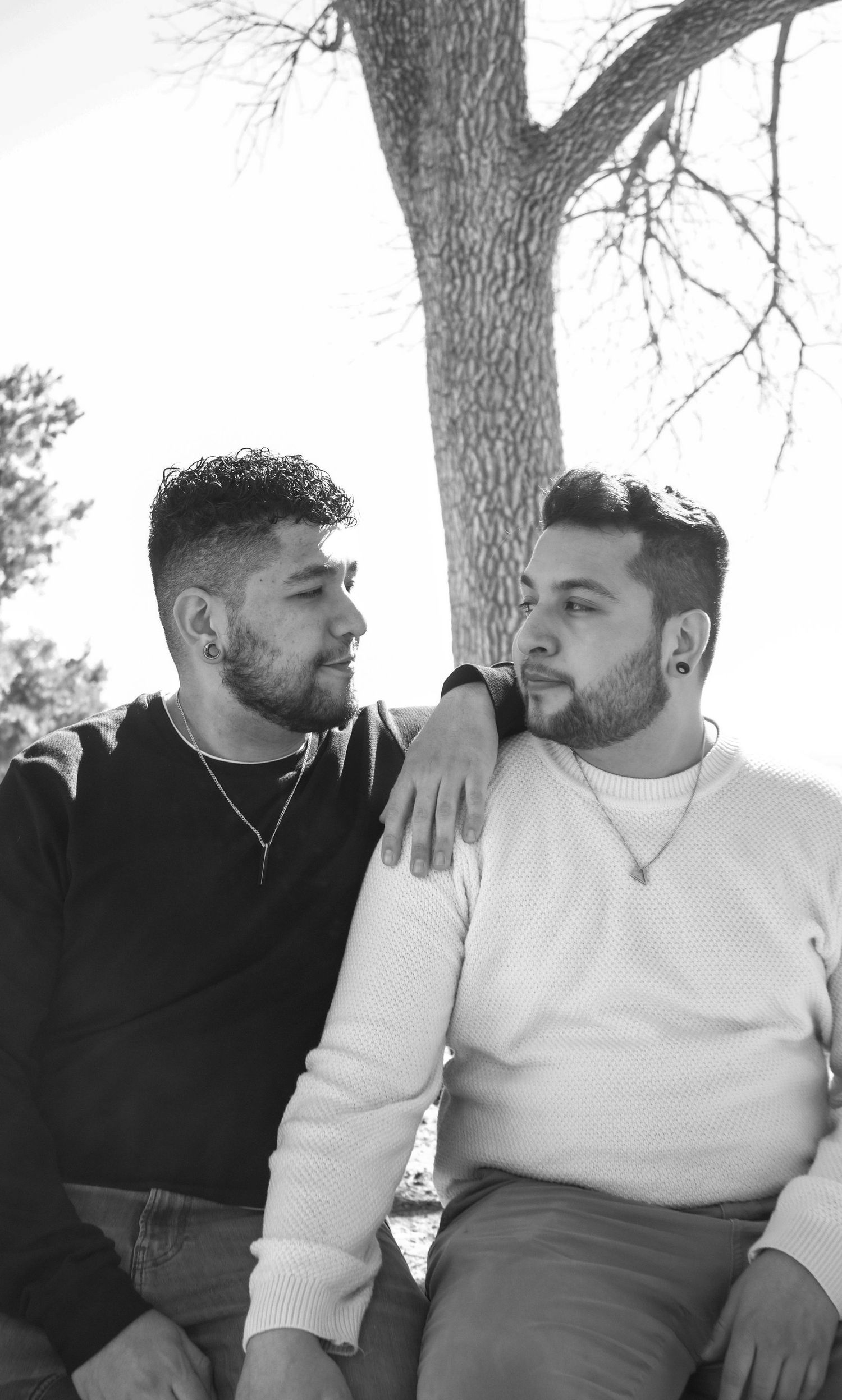 A black and white portrait of a couple in sweaters sitting close together under a tree.