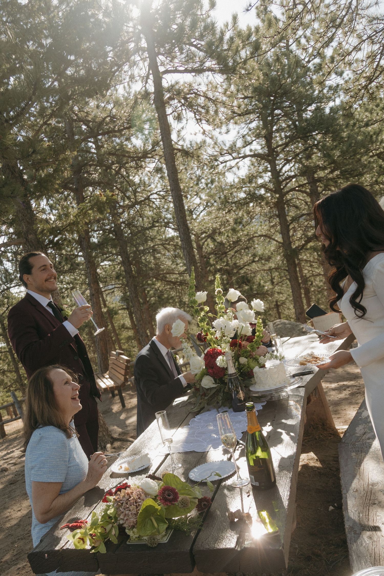 Wedding party celebrates with champagne toast at rustic picnic table surrounded by tall pines in Colorado forest.