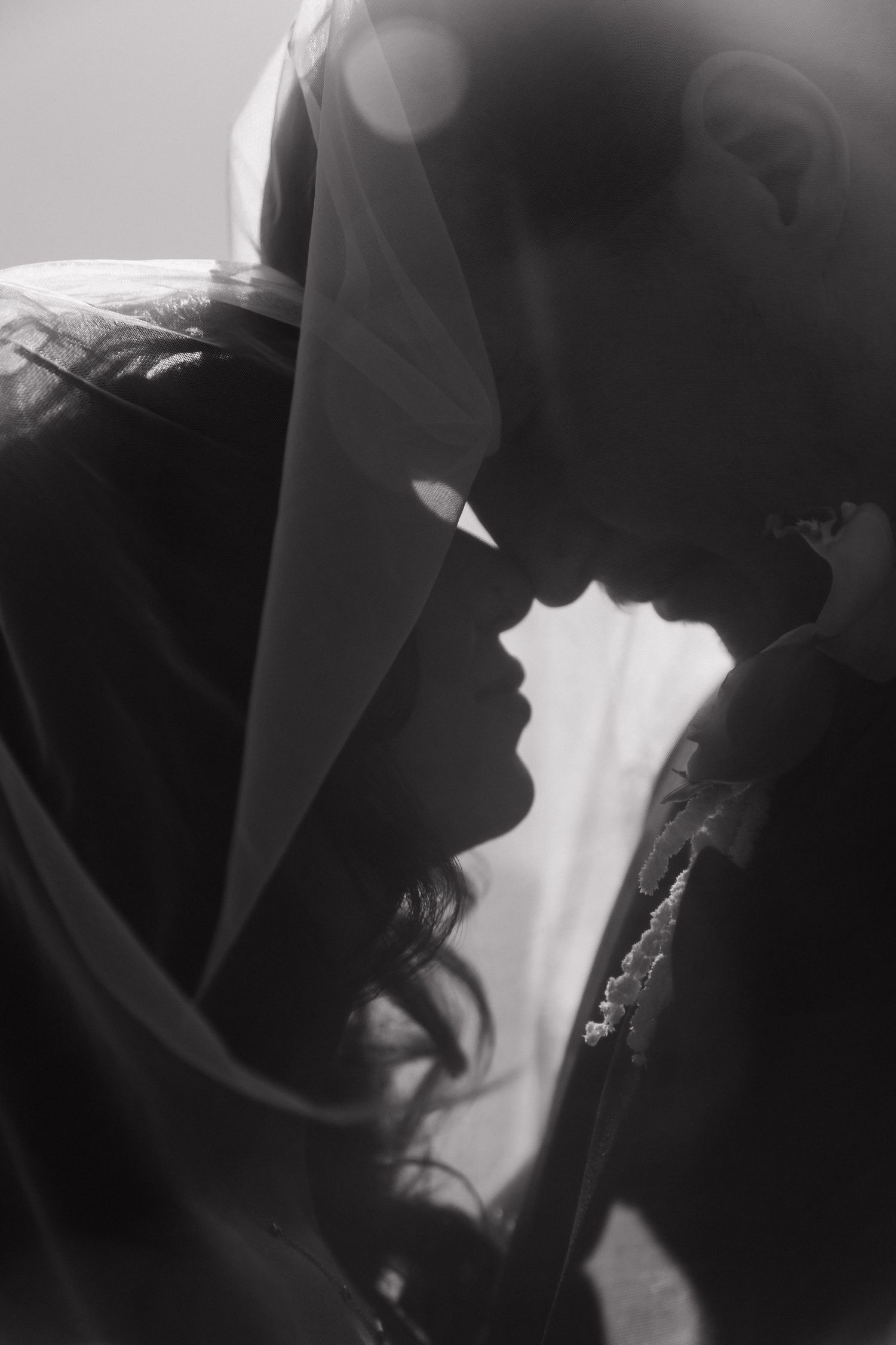 Romantic black and white silhouette of bride and groom nearly kissing beneath a flowing wedding veil.