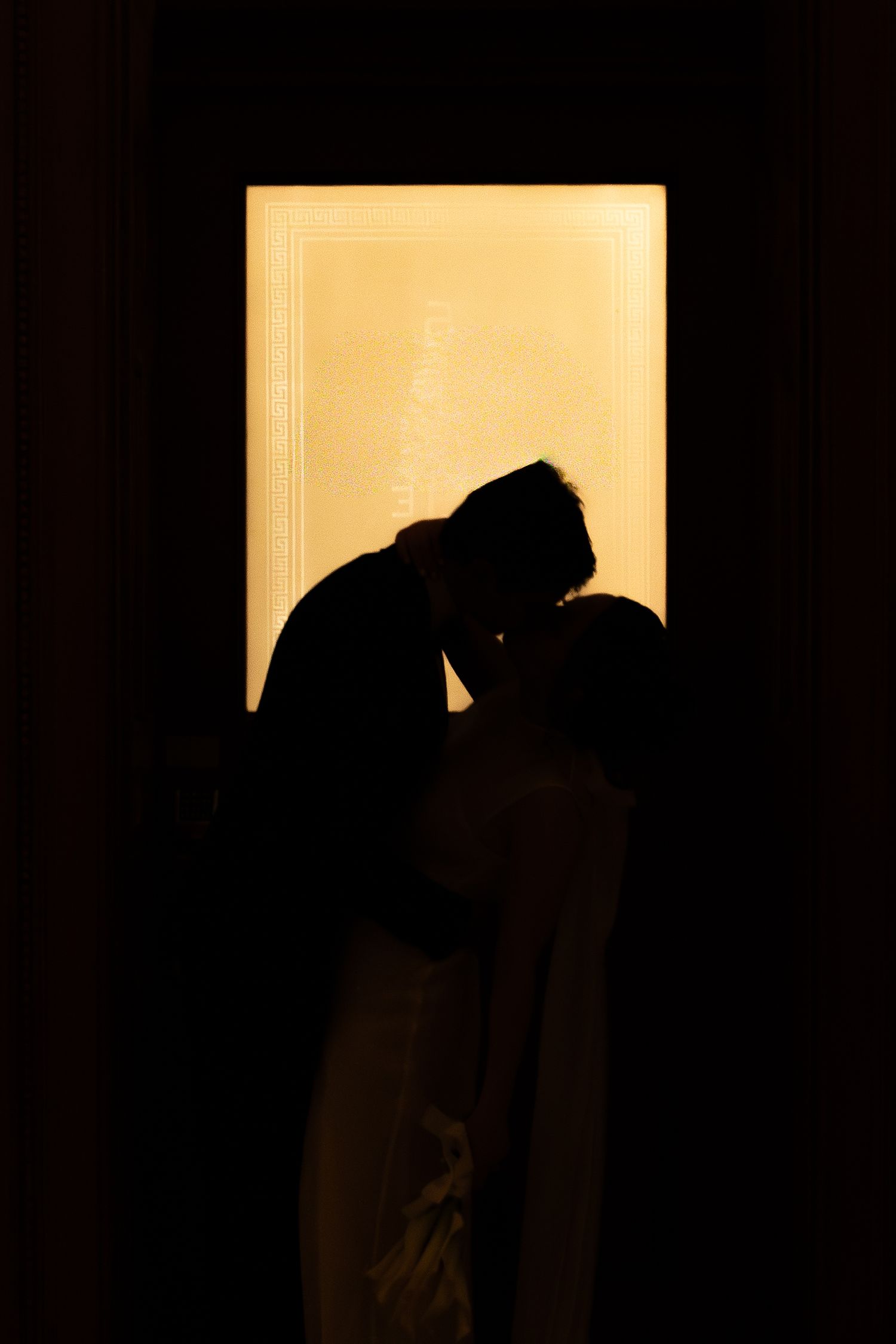 A series of silhouettes against a bright window showing a romantic kiss sequence in darkened lighting.