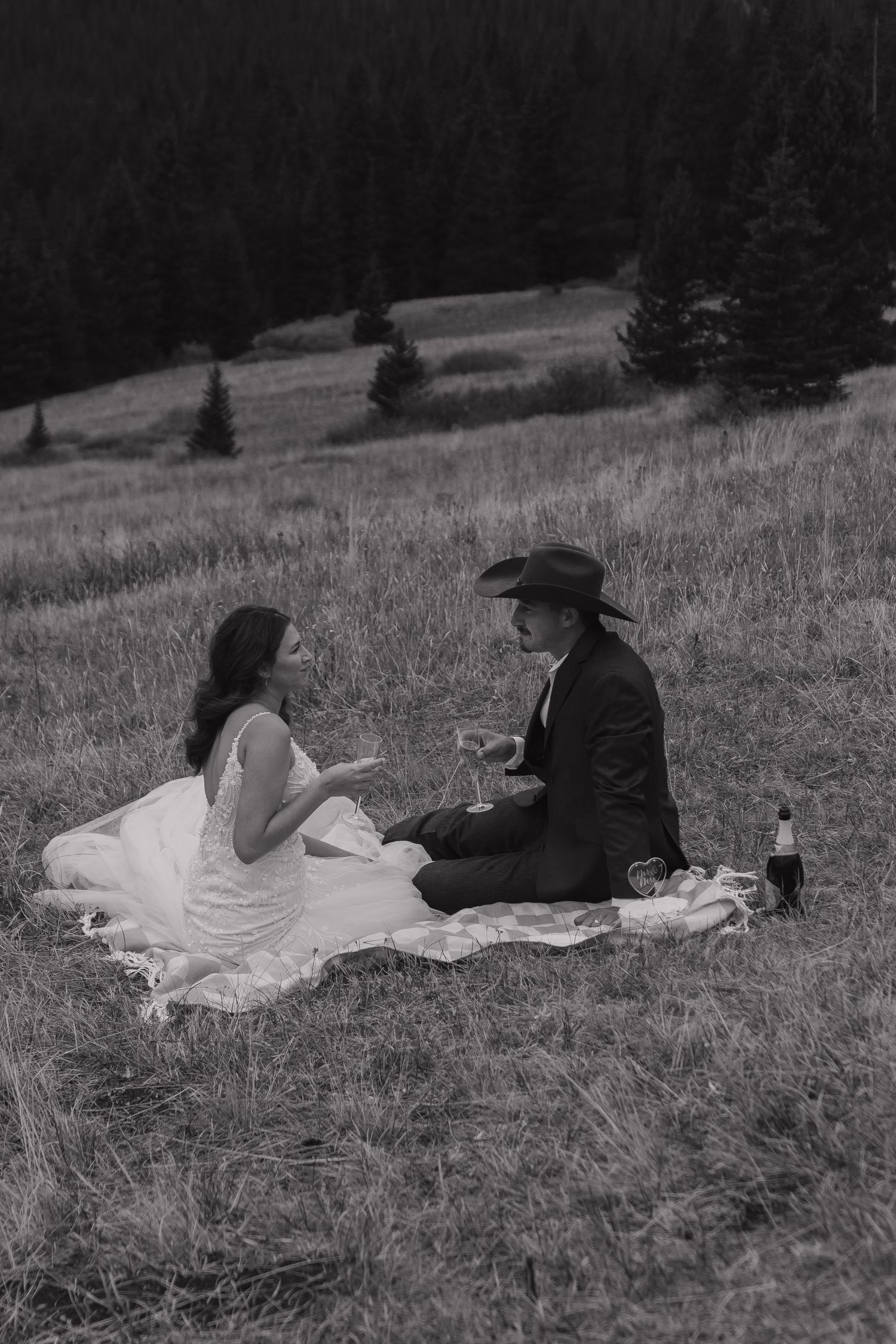 A couple enjoys a picnic on a grassy hillside during their wedding celebration.
