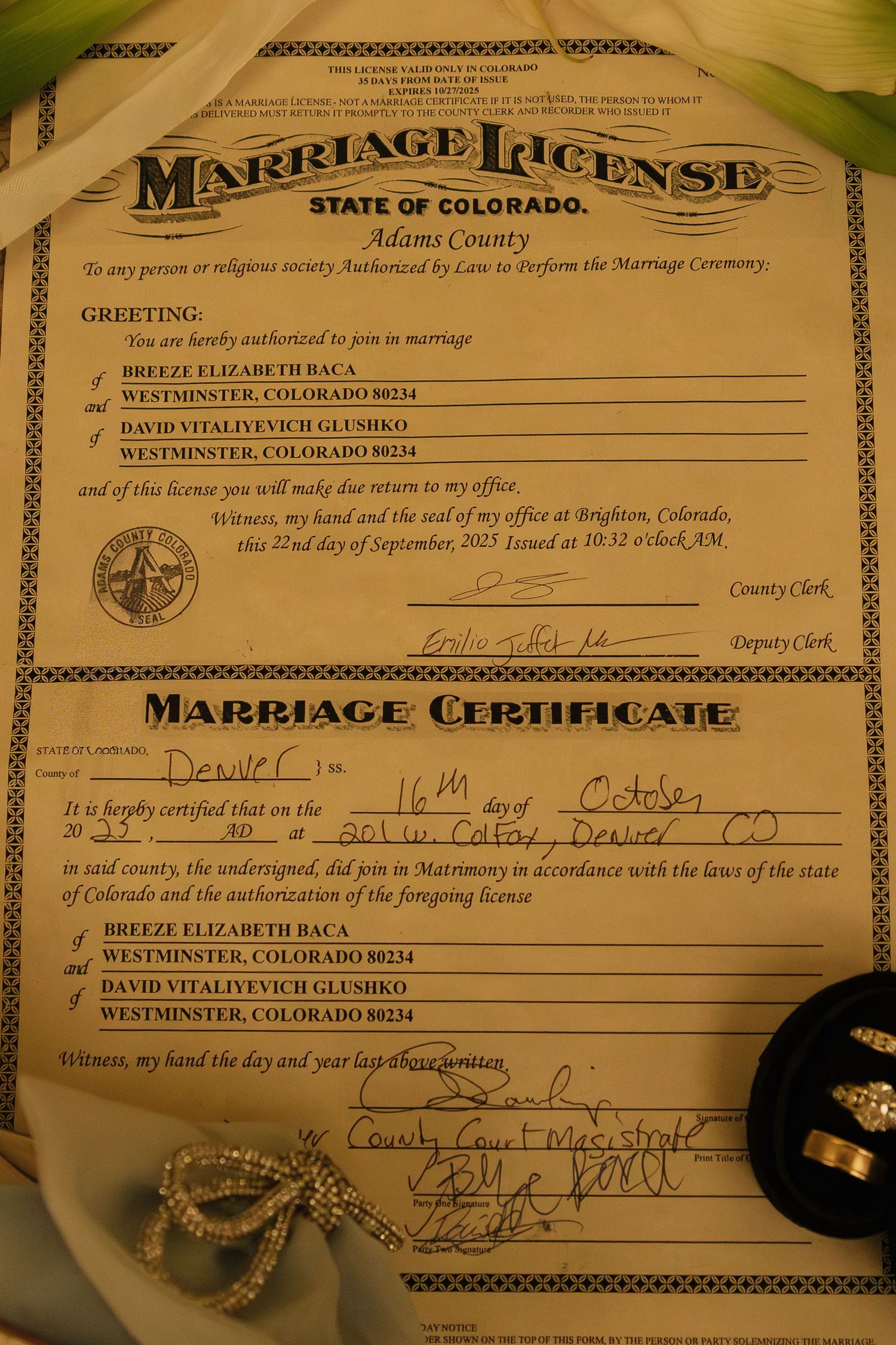 A marriage certificate from the State of Colorado shown in warm sepia tones.
