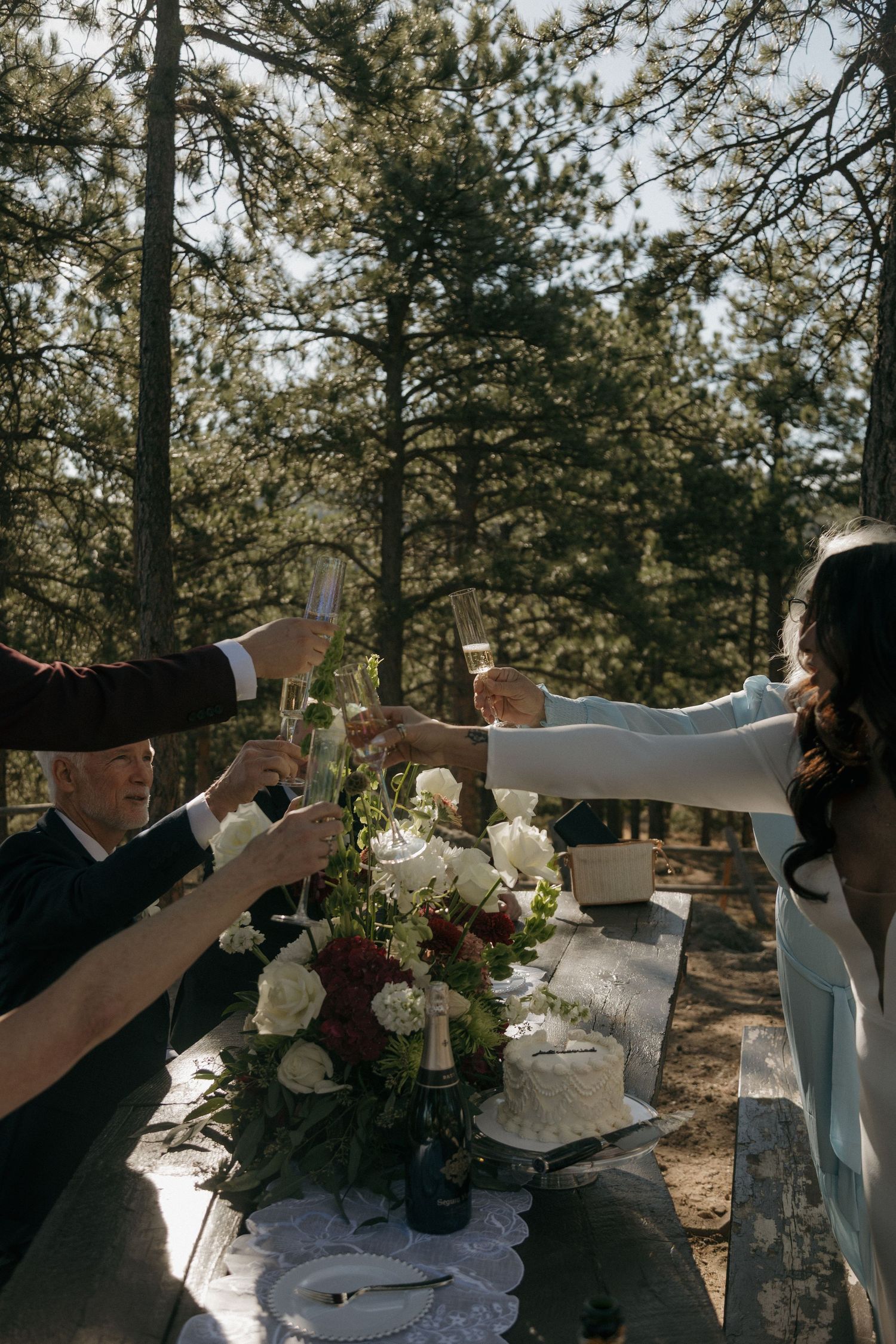Wedding party toasting champagne glasses over floral centerpiece and cake at rustic forest picnic table.