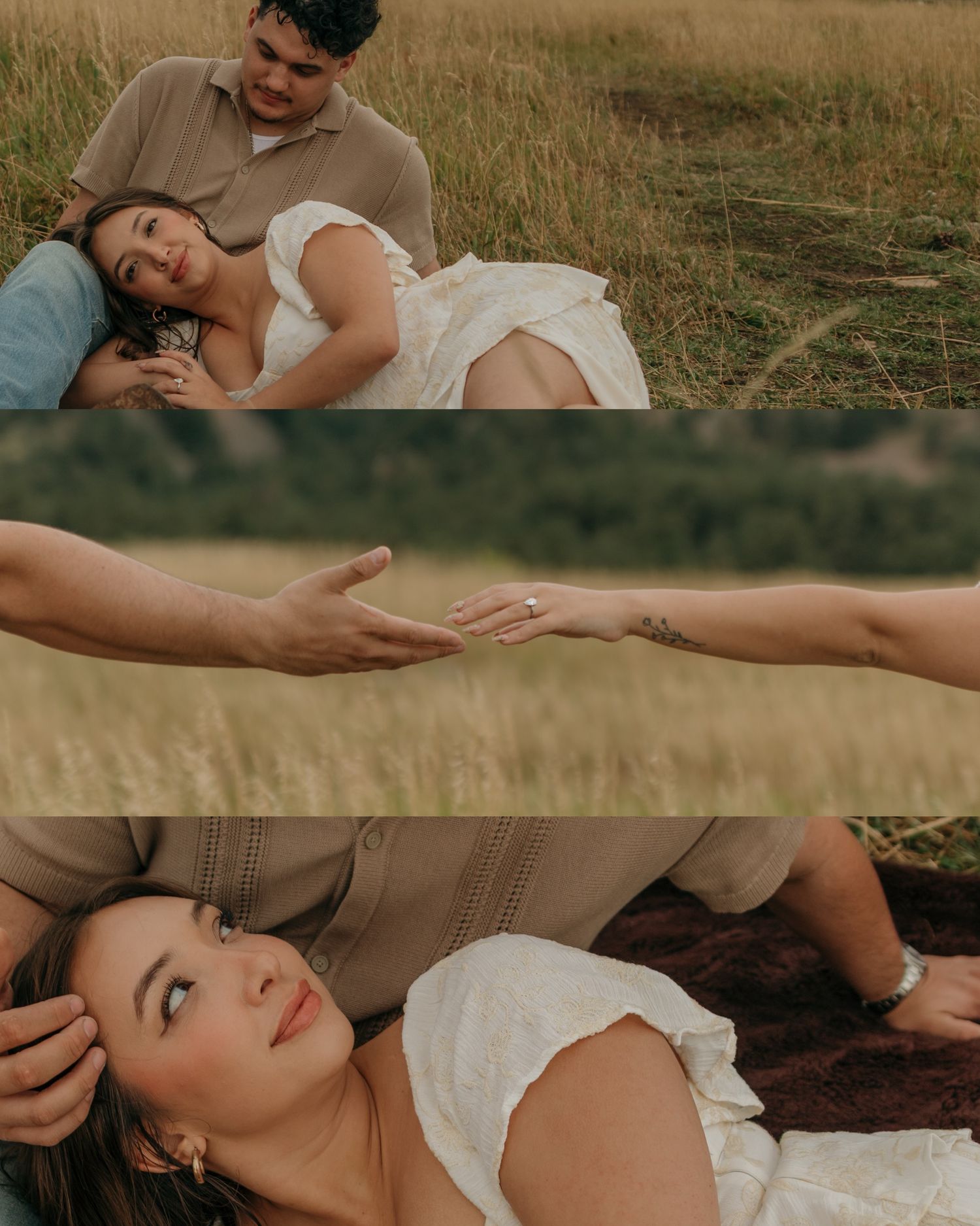 Romantic collage of couple relaxing in golden meadow field, featuring close-up of womans outstretched hand.