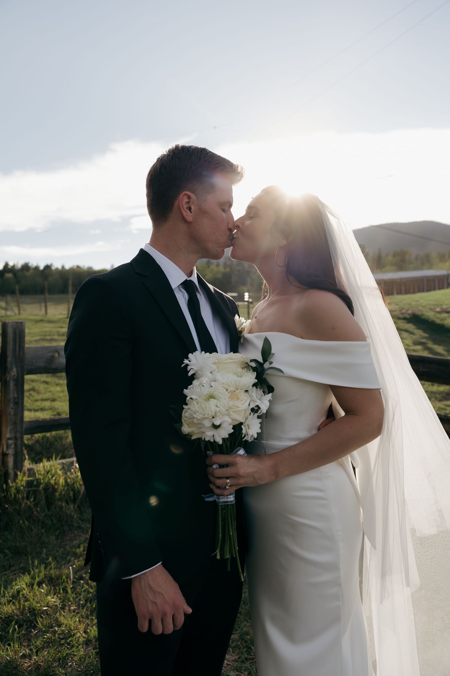 Bride and groom kissing in golden sunlight with green pasture and mountains behind them.