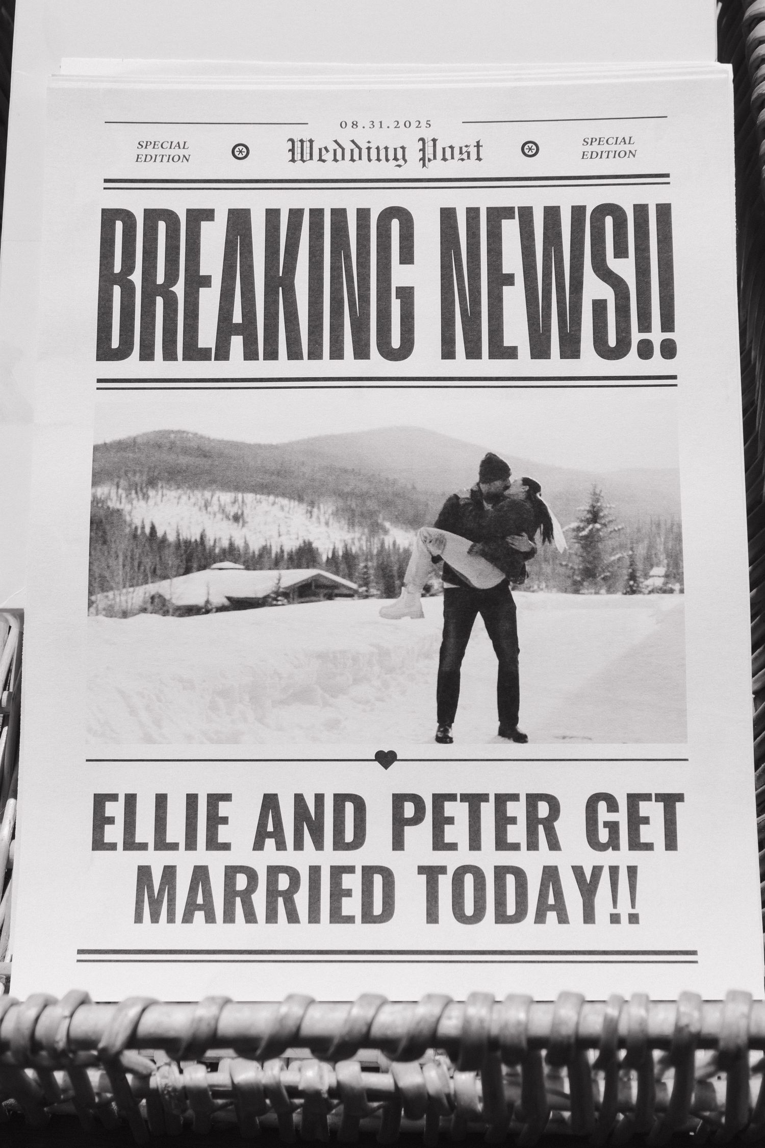Vintage-style newspaper announcement for wedding celebration in black and white.