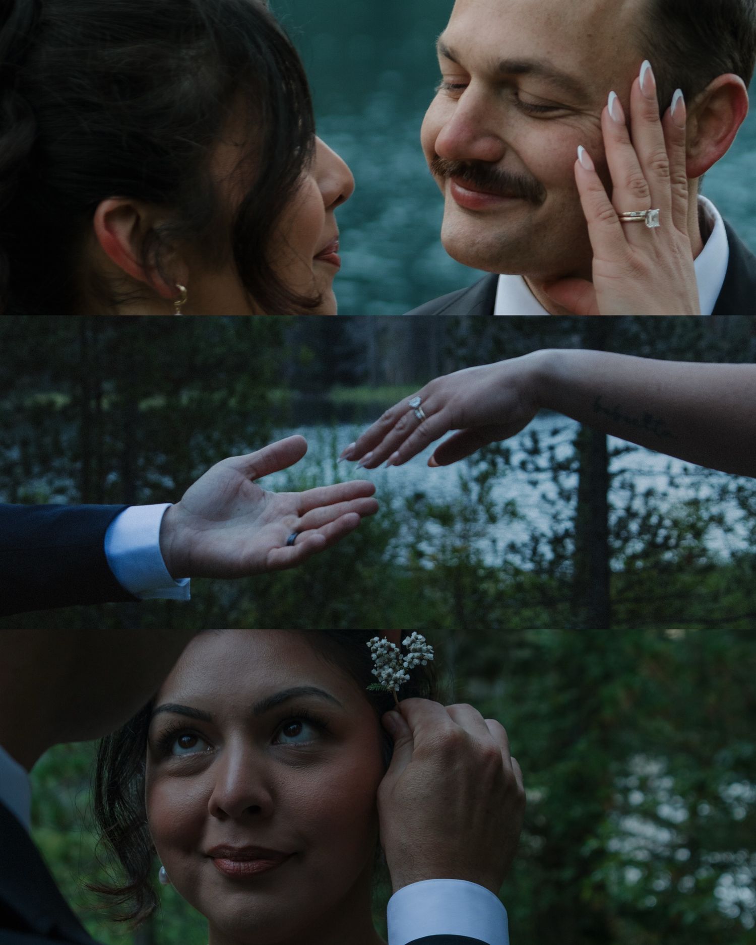 An intimate wedding moment captured in the soft light of dusk by a lake.