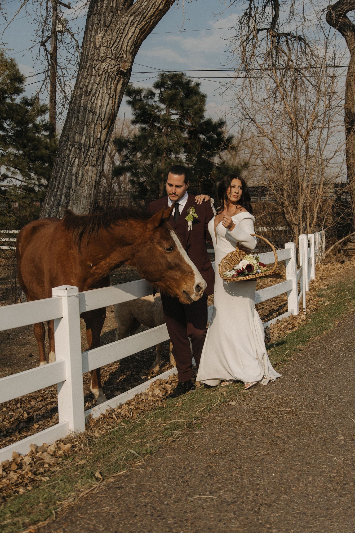 Bride and groom in wedding attire feeding a brown horse at white fence on farm.