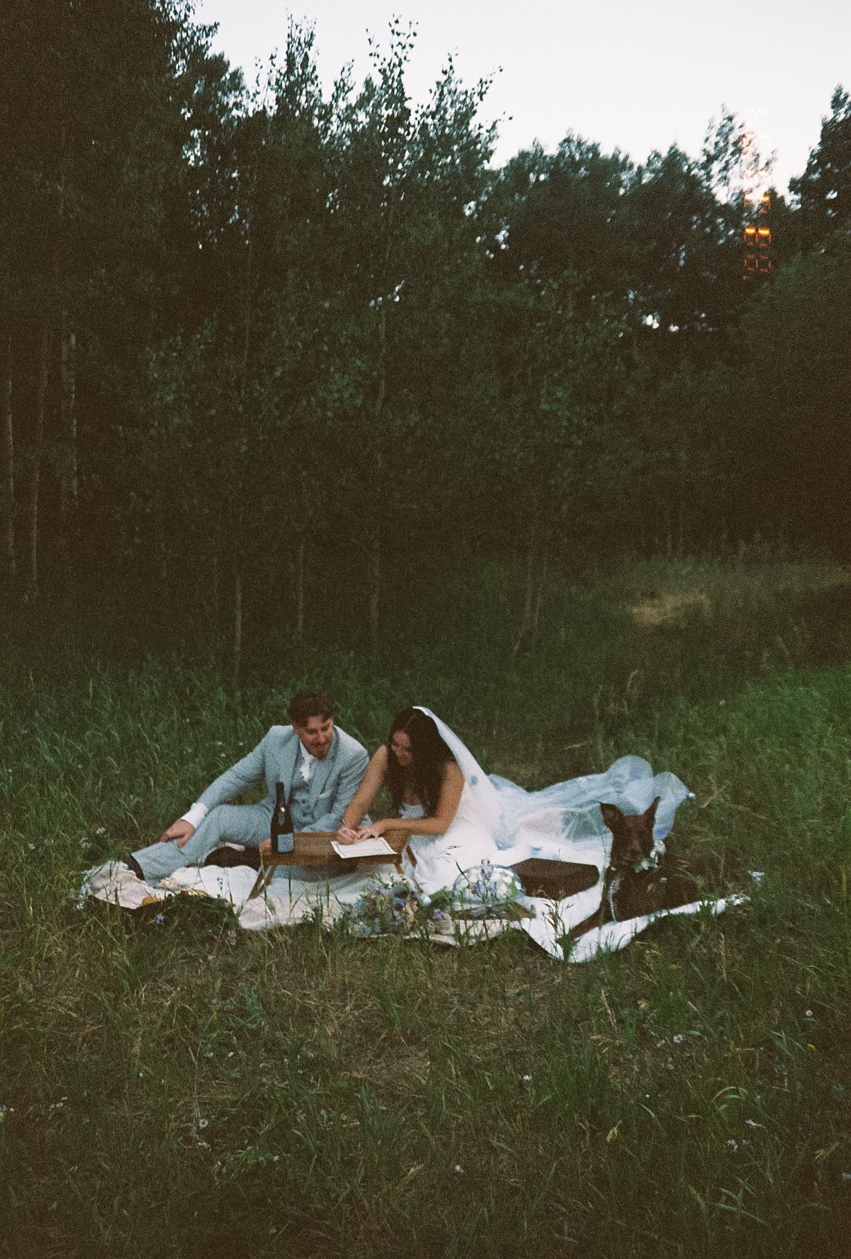 Bride and groom relaxing on picnic blanket in forest meadow at dusk during intimate elopement celebration.