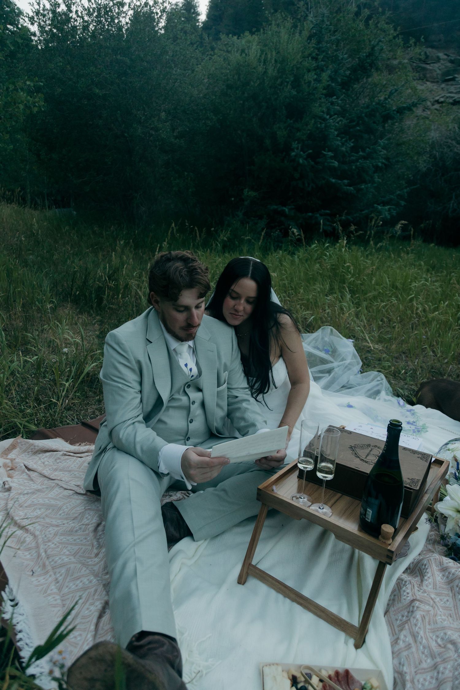 Newlyweds sit on a blanket reading vows beside a wooden tray with champagne in a forest meadow.