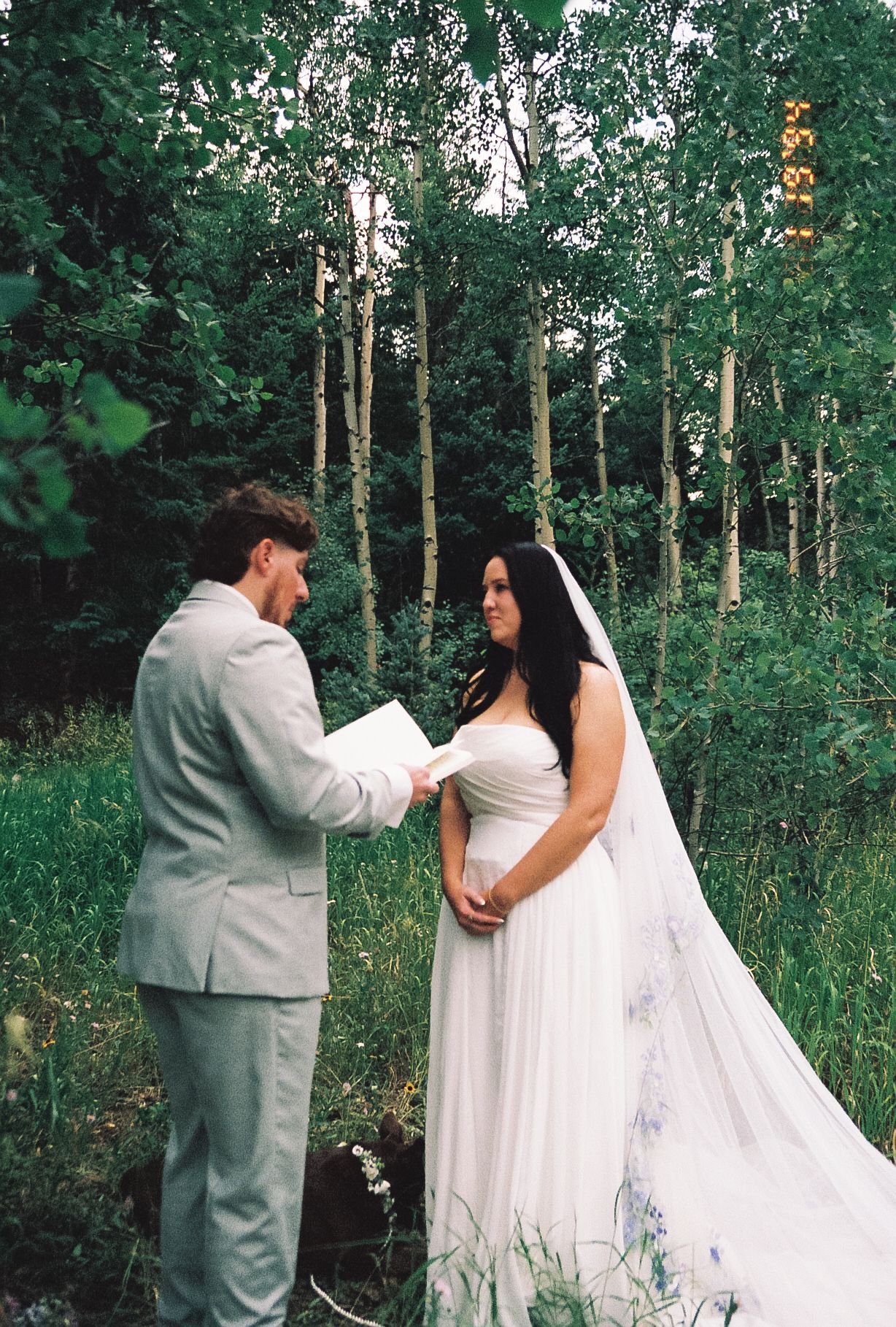 Groom in grey suit reads vows to bride in floral wedding gown standing in a lush aspen forest.