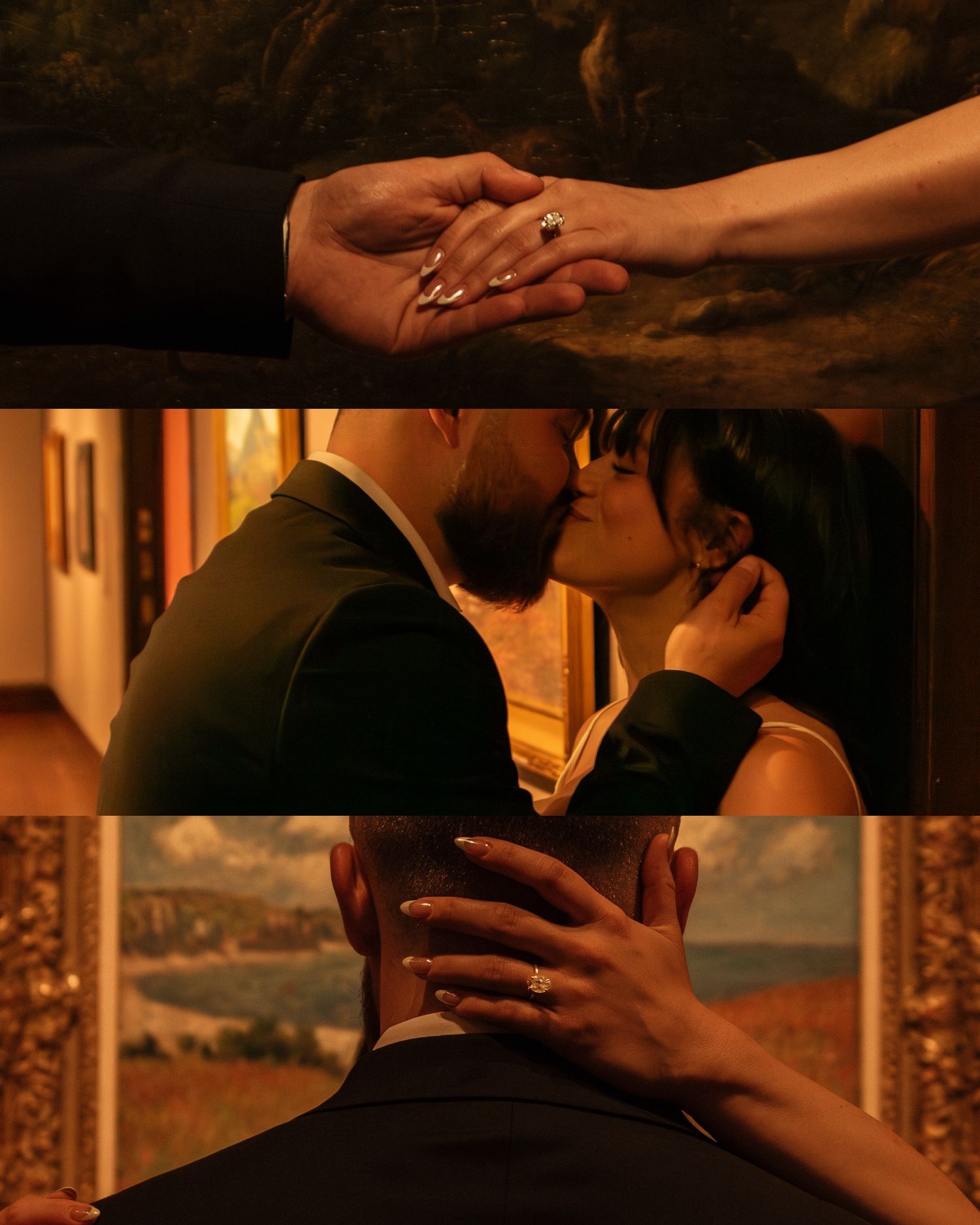 Romantic encounters captured in warm lighting with classic artwork frames visible in background.