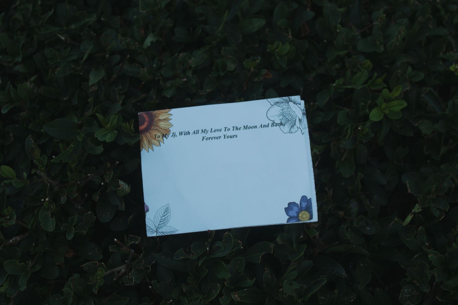 A small white card or note with decorative floral elements sits against a dark green foliage background.