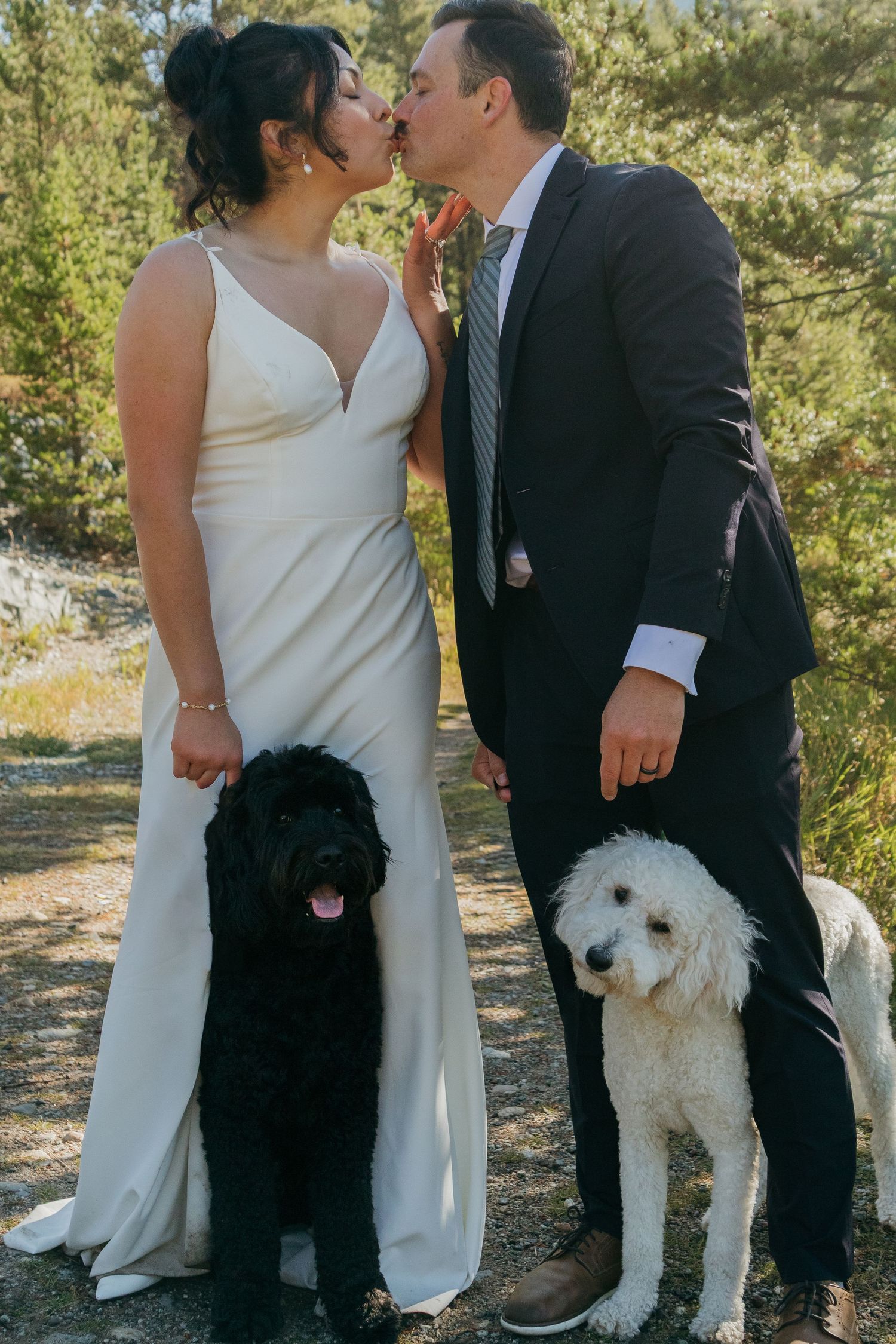 A wedding couple poses with their black and white dogs against a natural outdoor backdrop.