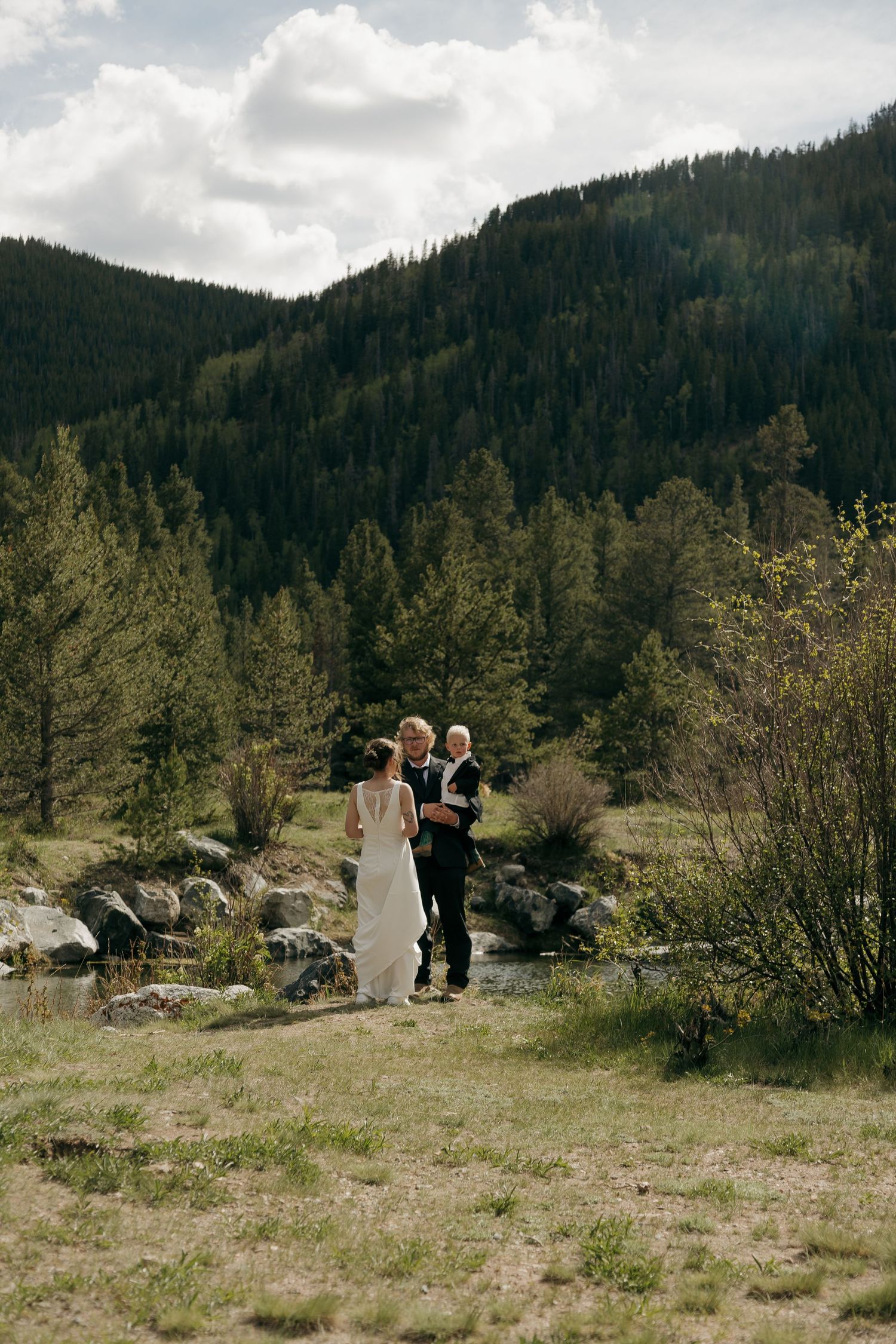 Wedding couple stands in a mountain meadow with lush pine forest and dramatic cloudy sky behind them.