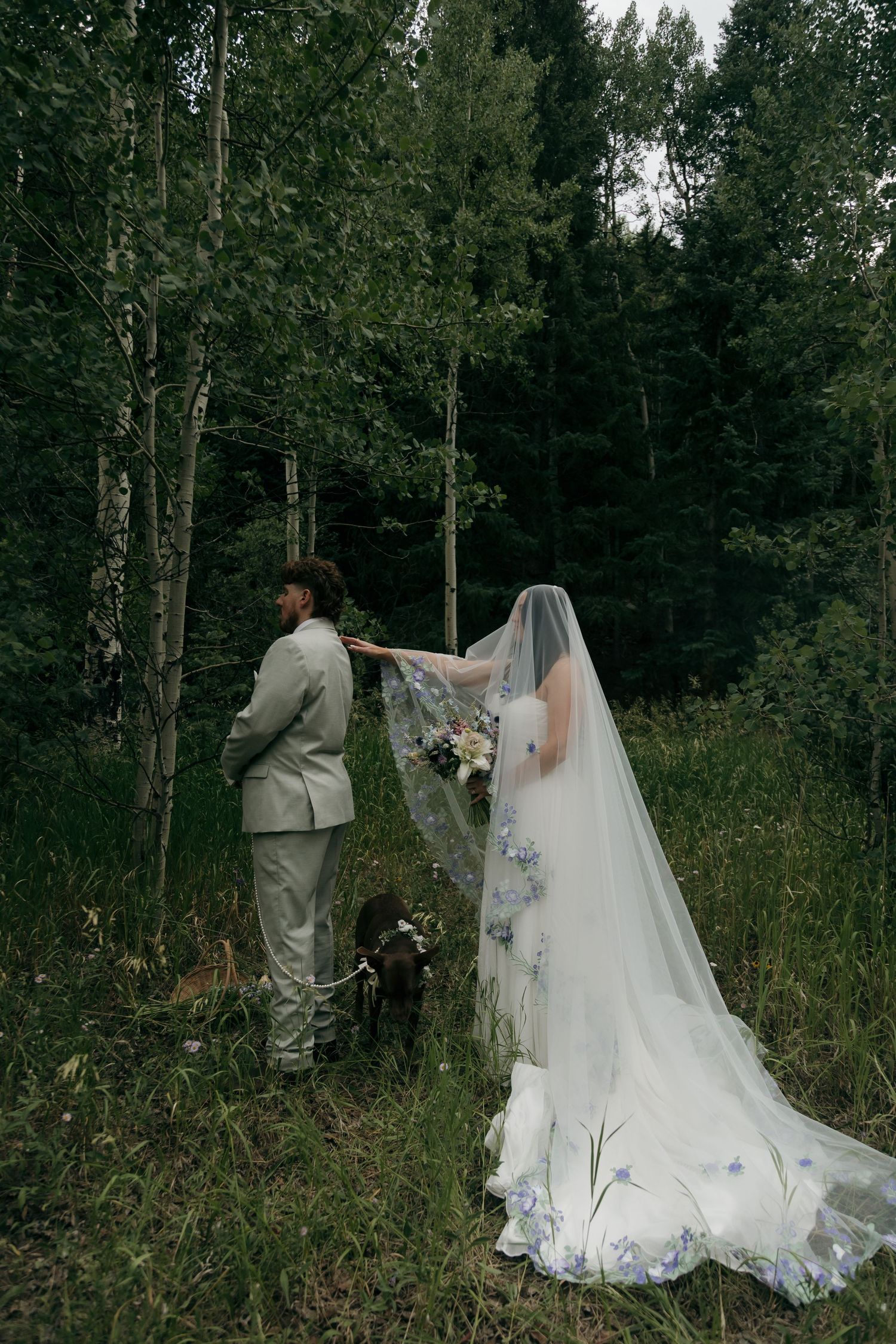 Bride and groom stand in lush forest clearing, bride wearing floral embroidered cathedral veil with dog nearby.