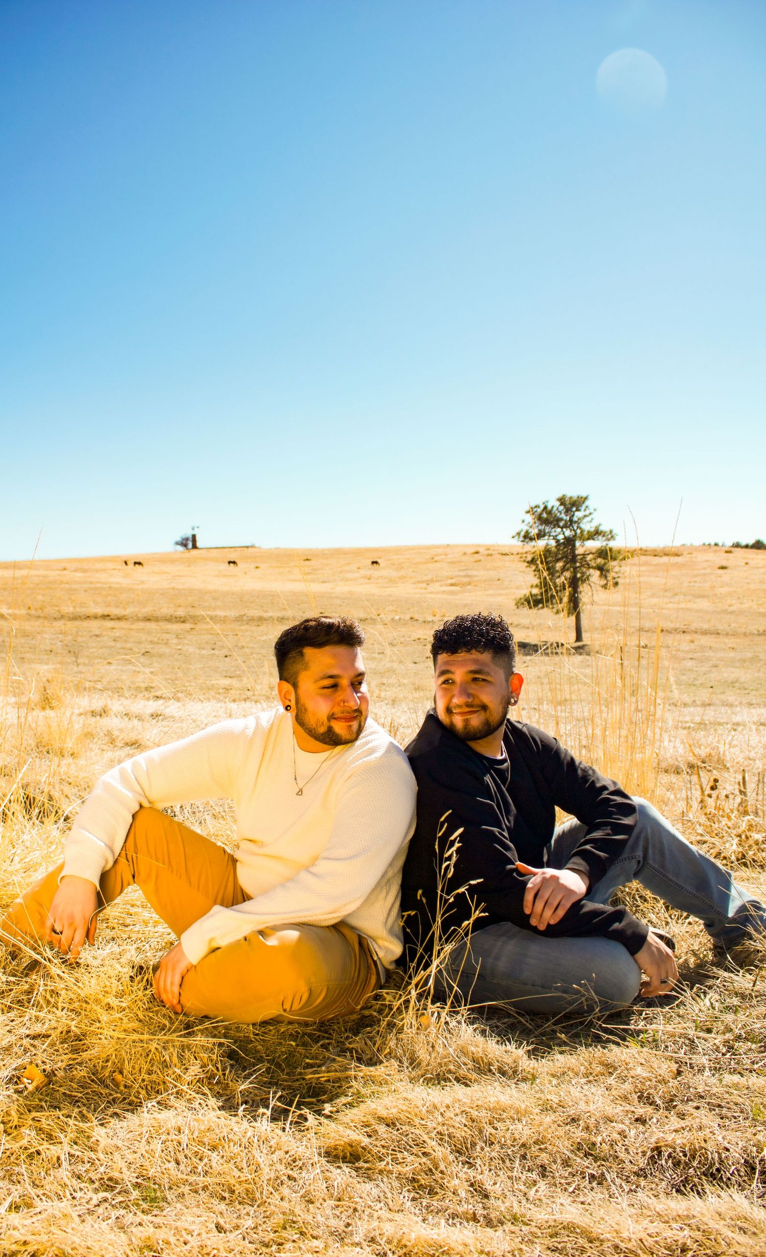Two people relaxing together in a sunny open field with blue sky and sparse vegetation.