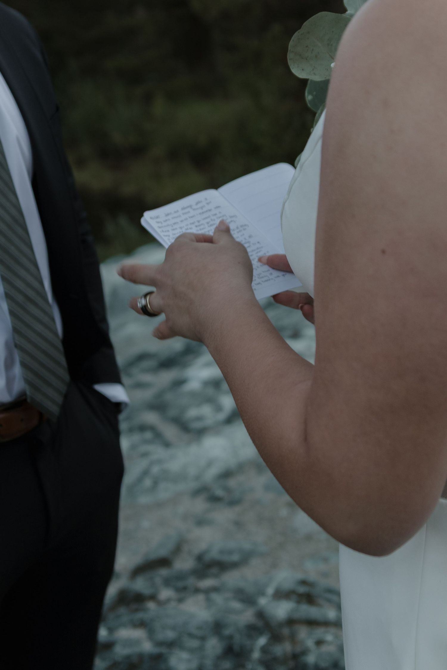 Close-up view of wedding rings being exchanged during an outdoor ceremony.