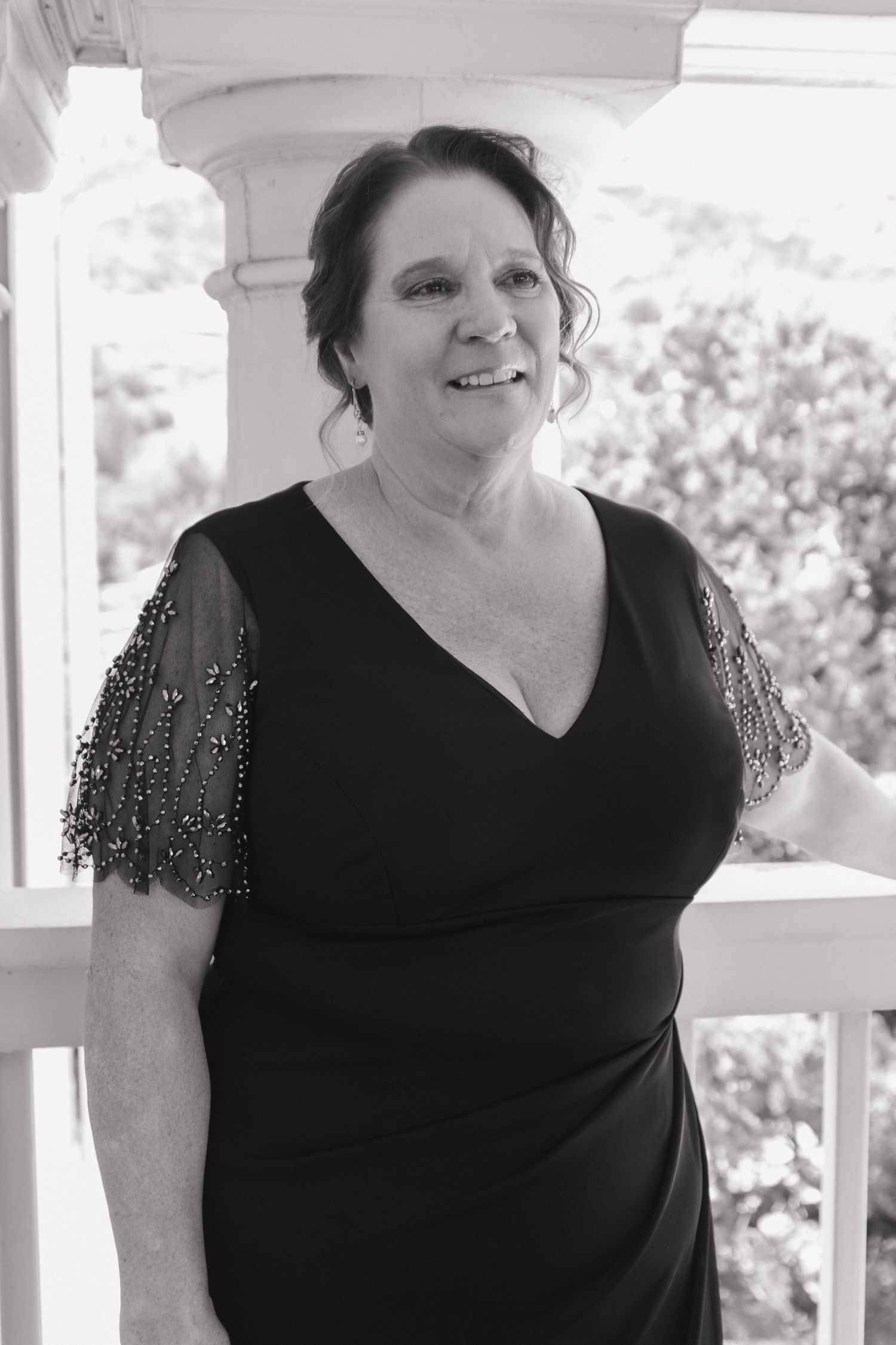 A trio of photos shows someone in a black sparkly dress on a porch or veranda.