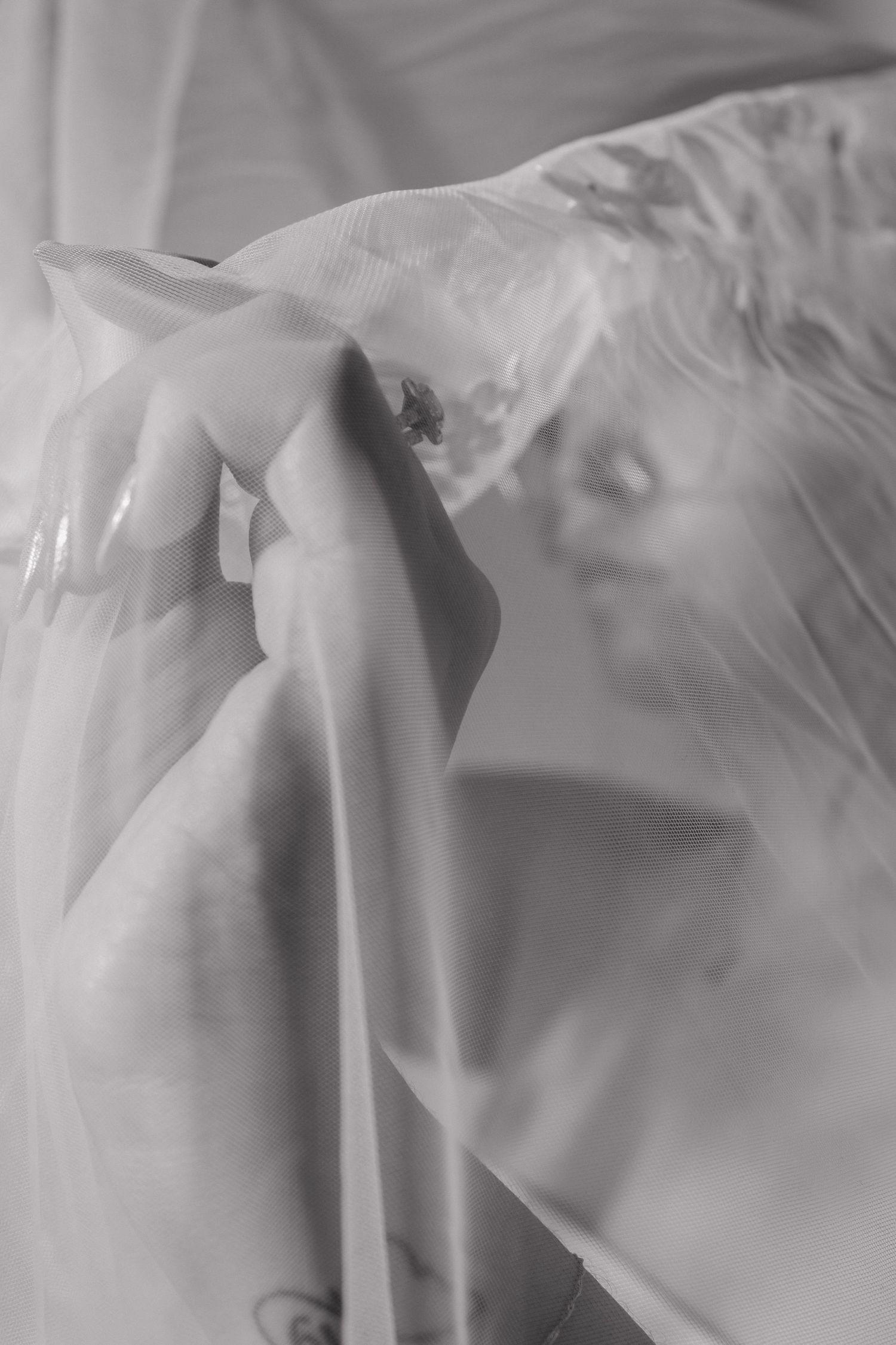 Artistic black and white photo of wedding veil fabric creating soft, dreamy texture.