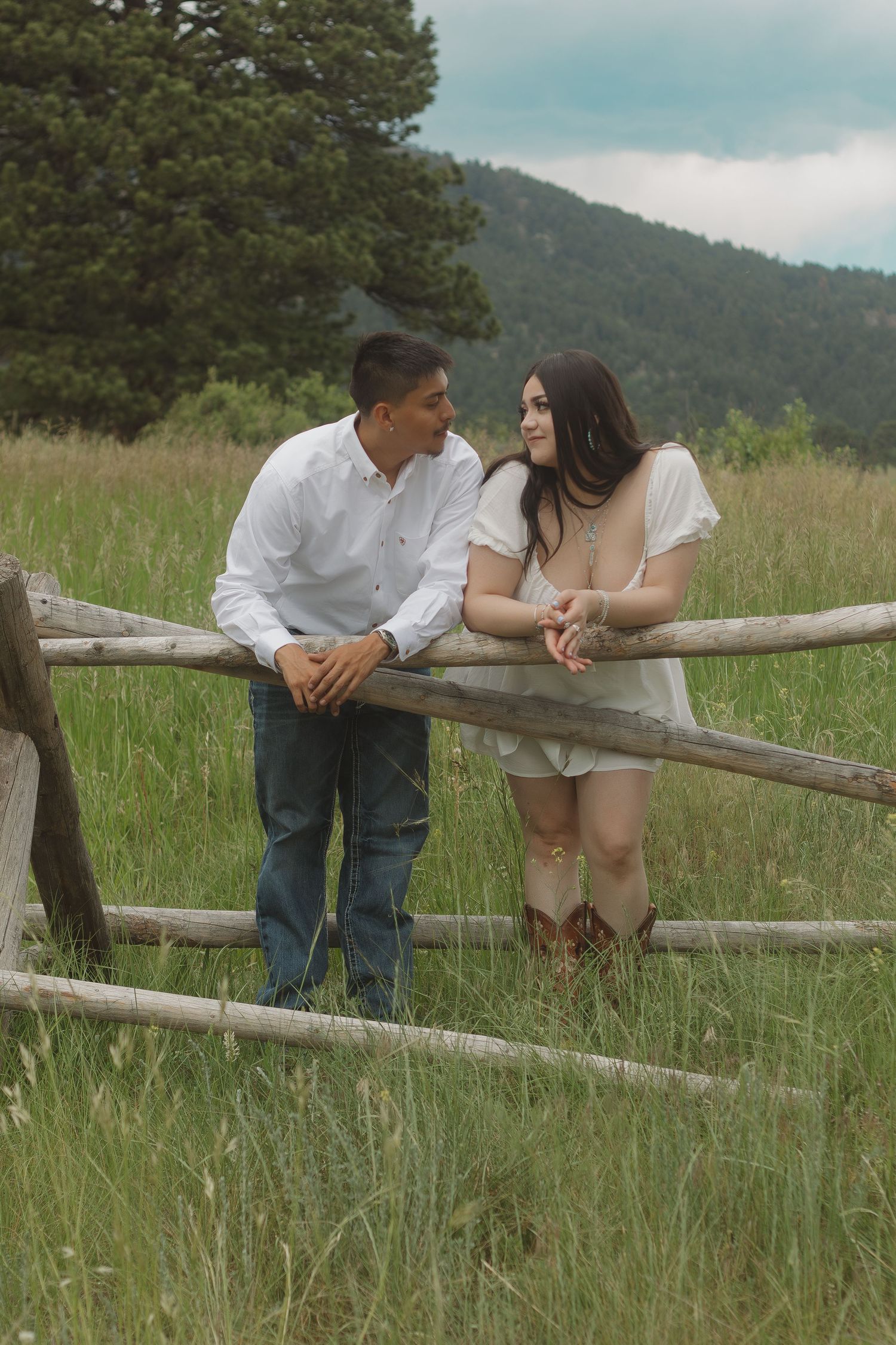Couple leans on wooden fence rail in mountain meadow with evergreen trees in background.