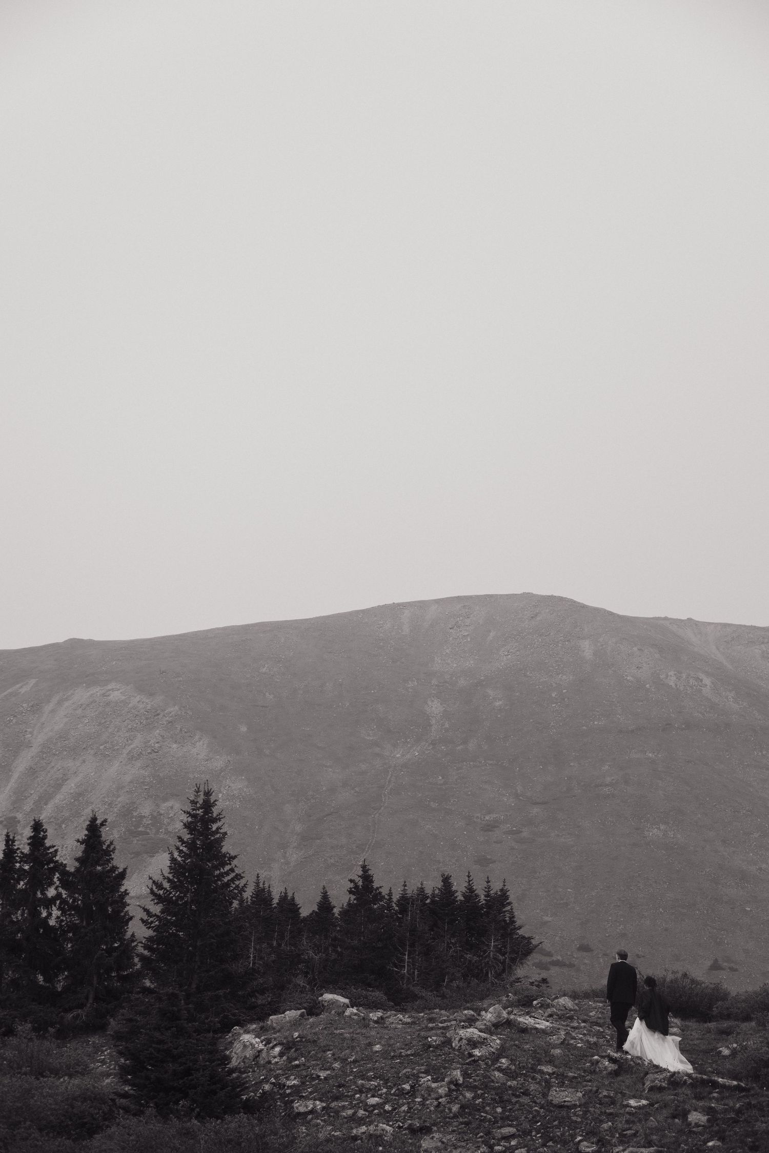 Black and white photo of bride and groom standing on rocky mountain terrain with pine trees and misty peaks behind.