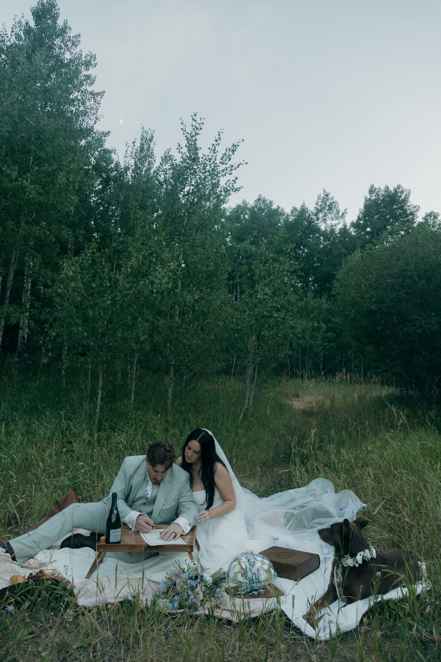Bride and groom sitting on blanket in forest meadow signing wedding documents at dusk.
