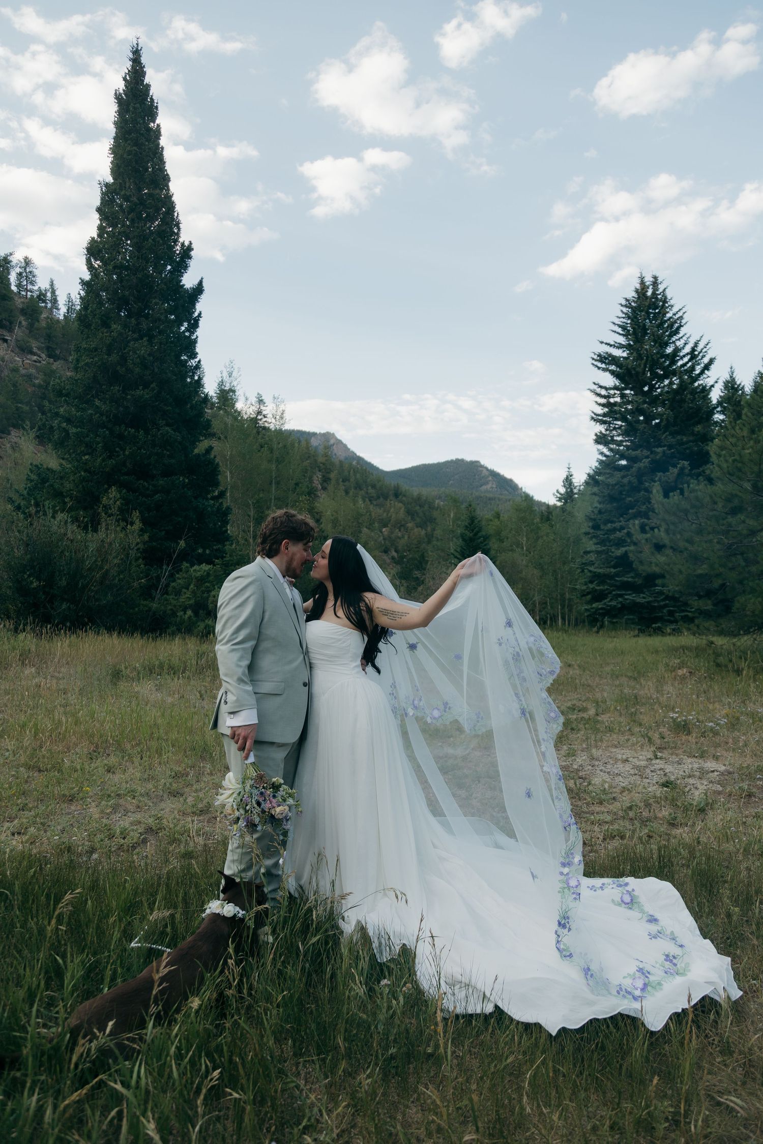 Bride and groom share a kiss in a mountain meadow as her floral veil billows in the breeze.