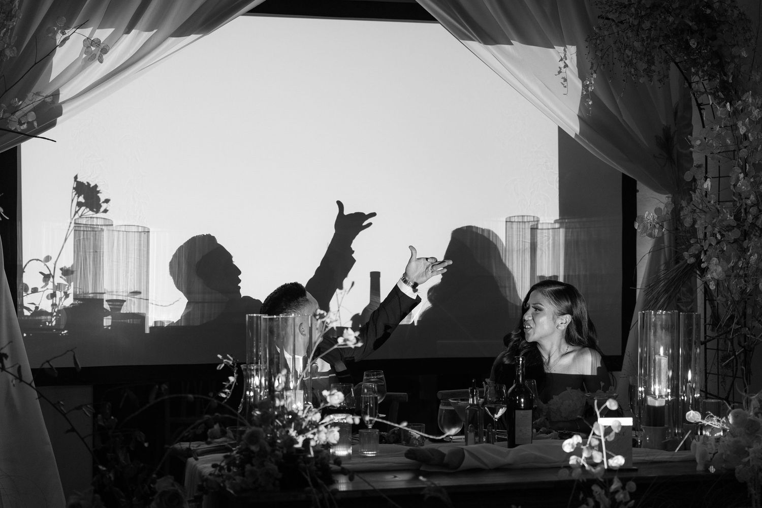 A collection of black and white film stills showing dramatic lighting and silhouettes in a noir style composition.