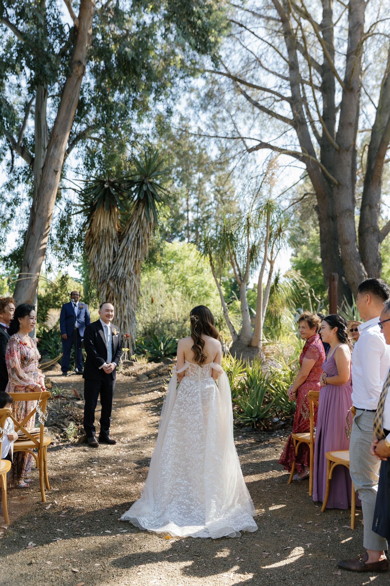 An outdoor wedding ceremony in a eucalyptus grove with wooden chairs and natural decor.