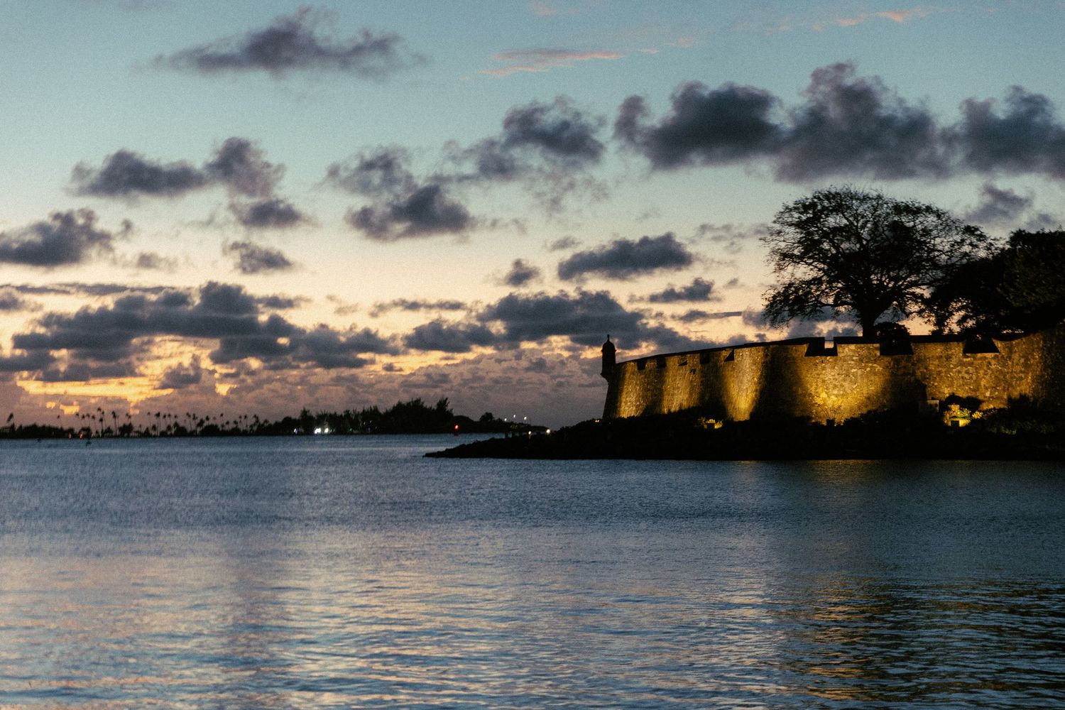 Panoramic sunset view over a tropical coastline with palm trees silhouetted against an orange and purple sky.