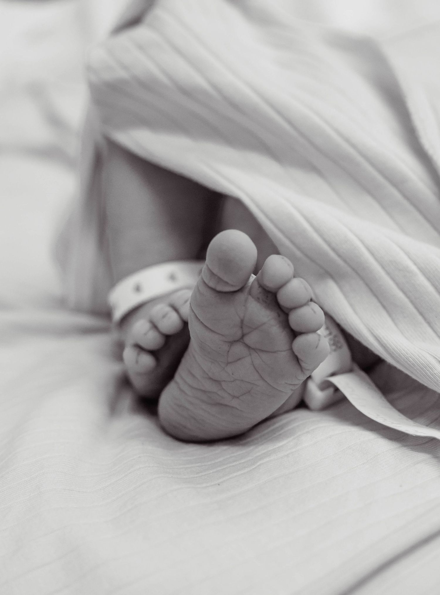 Close-up black and white image of tiny newborn baby foot under white blanket.