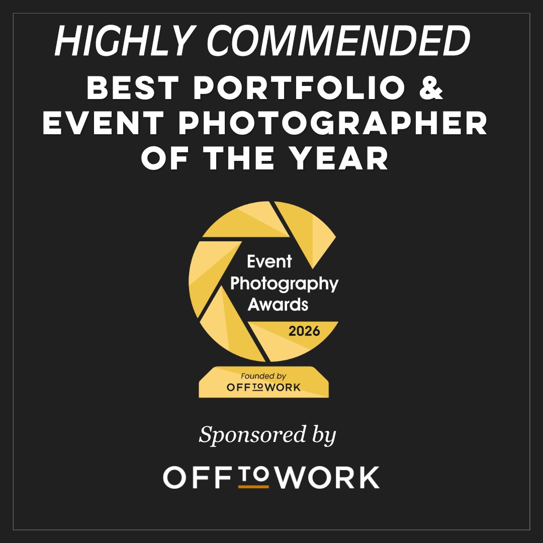 Event Photography Awards 2026 Highly Commended Best Portfolio & Event Photographer of the Year badge, sponsored by Off to Work.