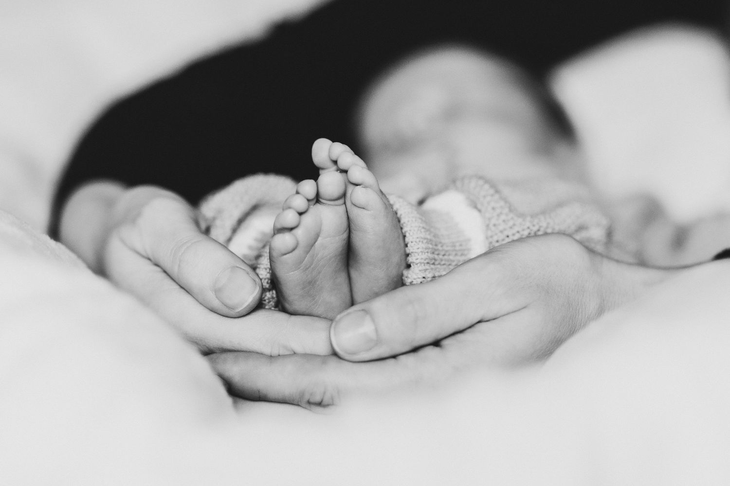 Black and white close-up of tiny baby feet being gently held in adult hands.