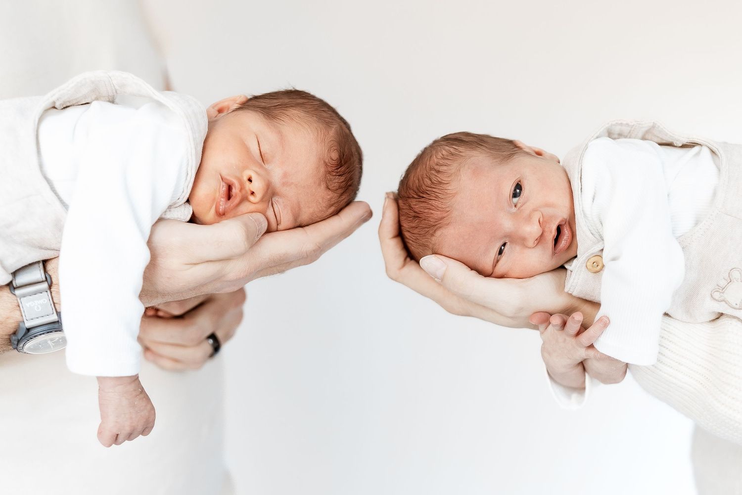 Collection of candid newborn baby poses on white background showing various sleeping positions.