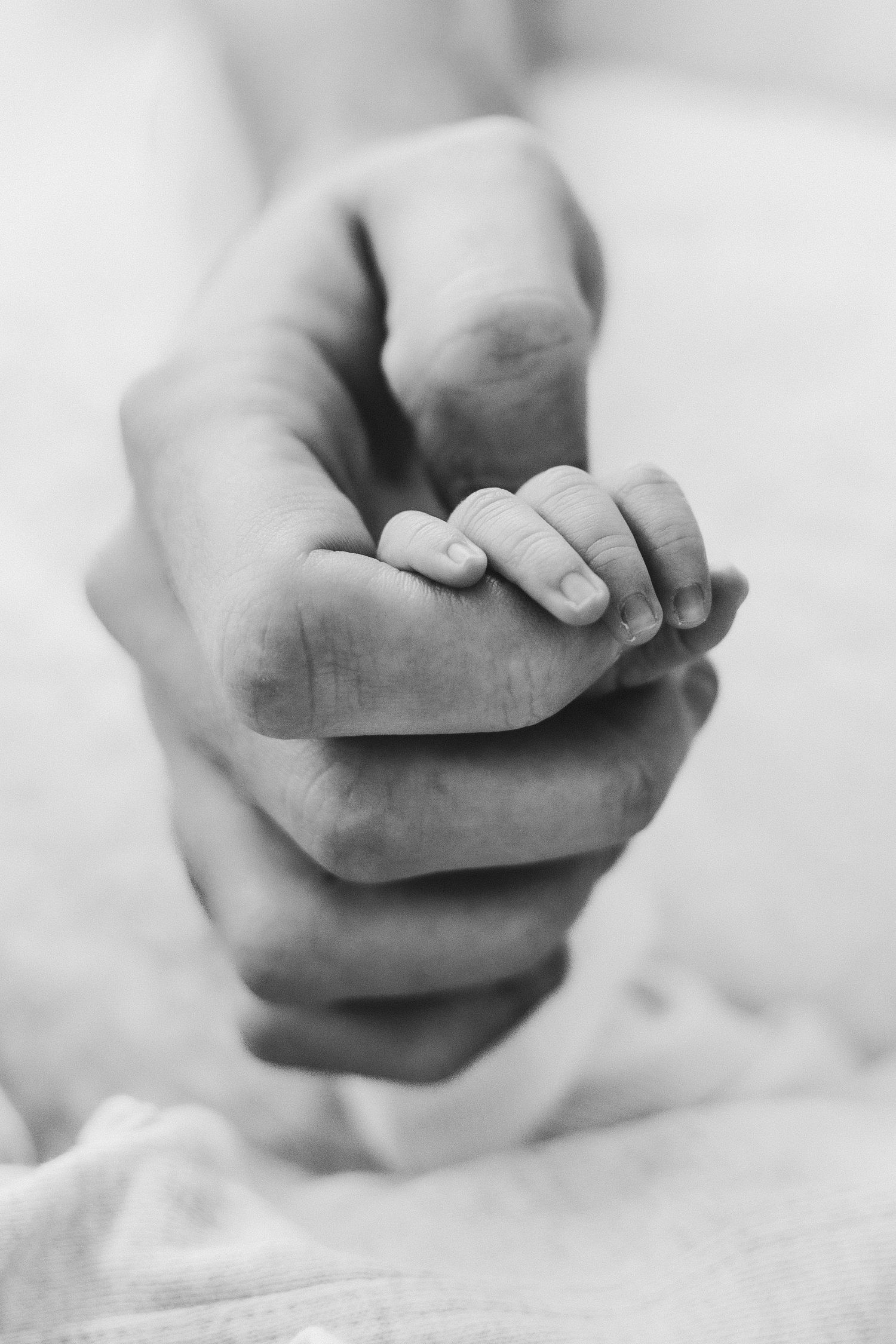 Black and white close-up images of tiny baby feet against soft white bedding.