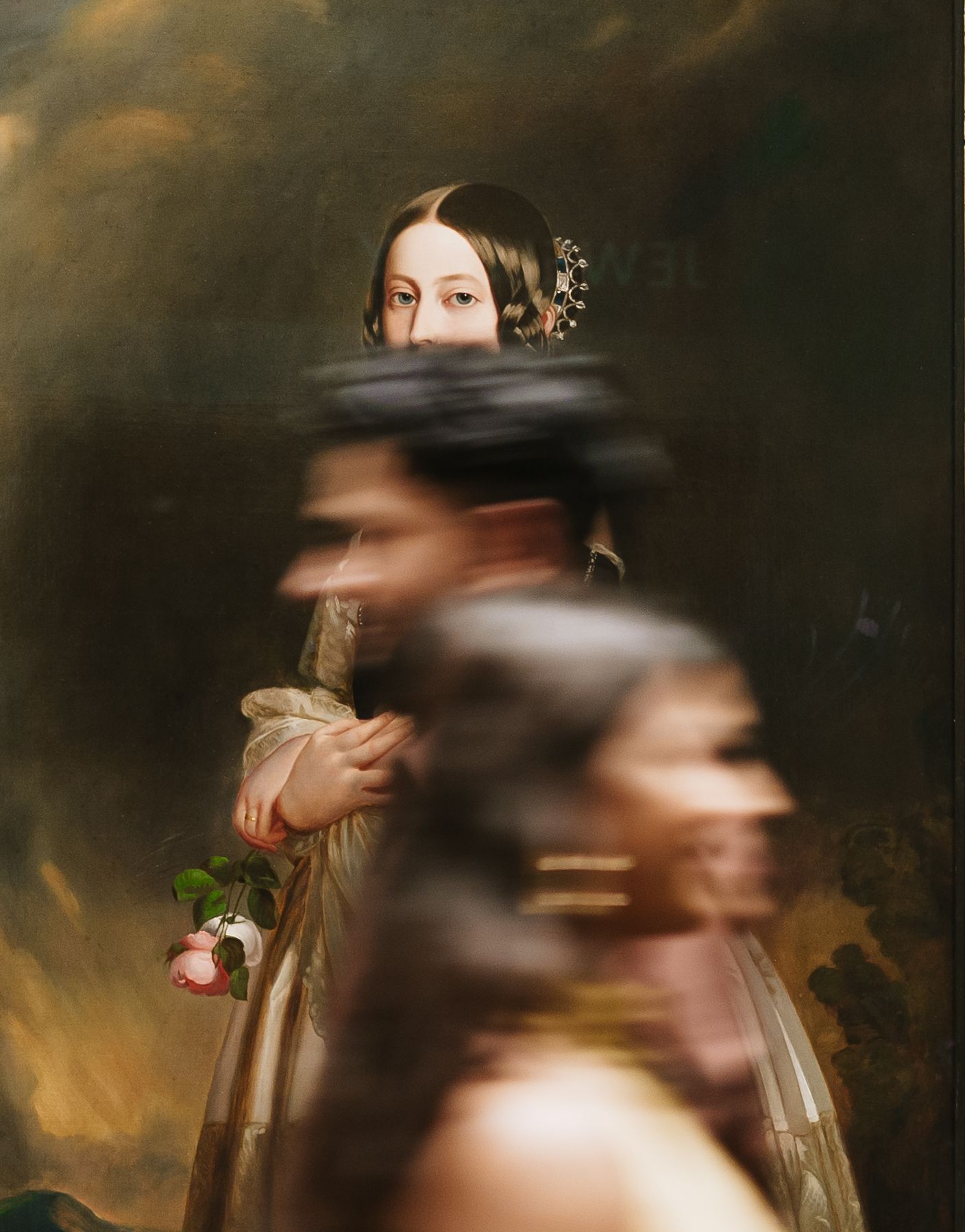 Moody artistic portrait with dramatic motion blur and golden hues creates an ethereal atmosphere in classical style.