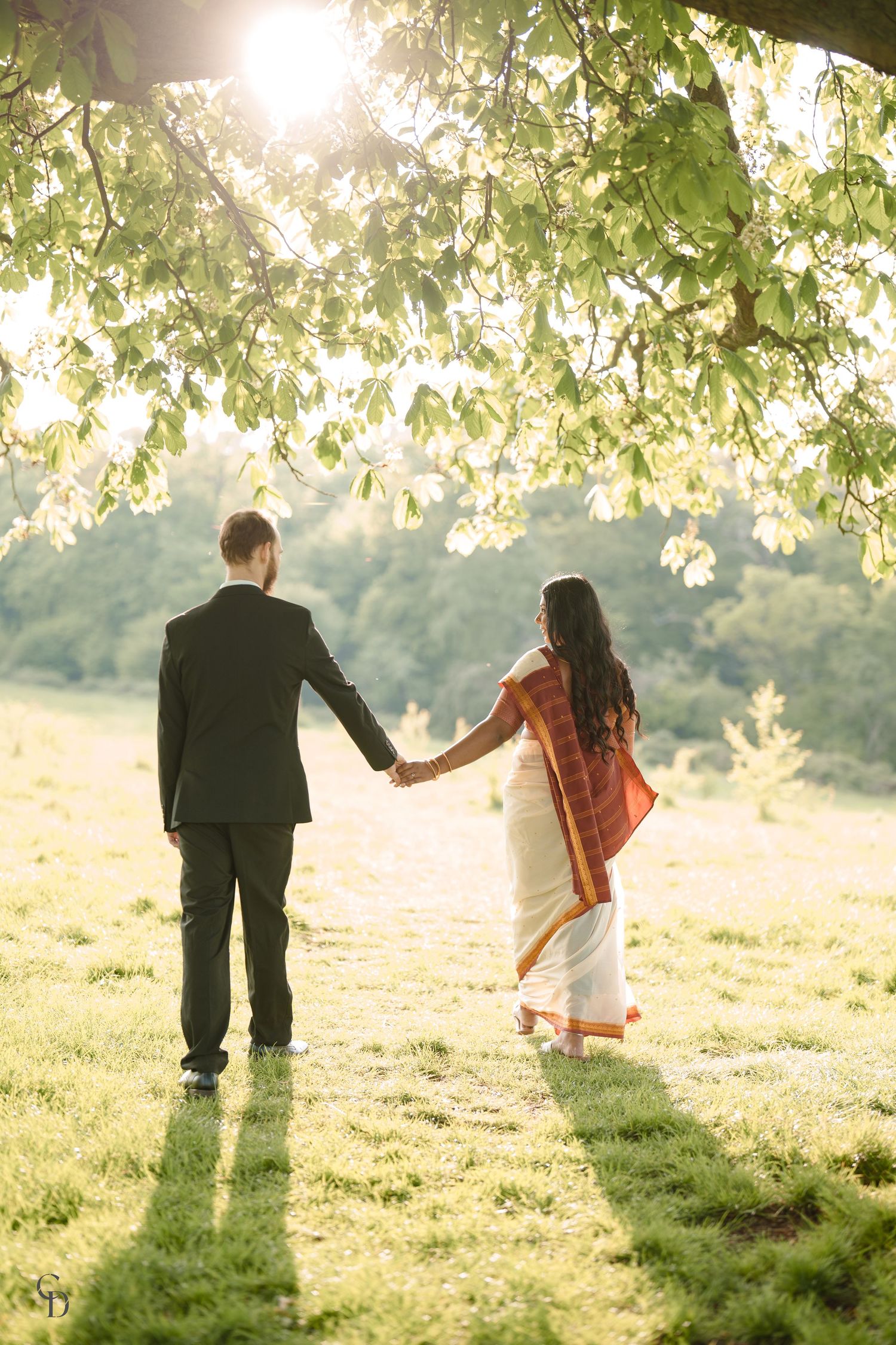 Couple holding hands while walking through a sun-dappled meadow beneath flowering tree branches.