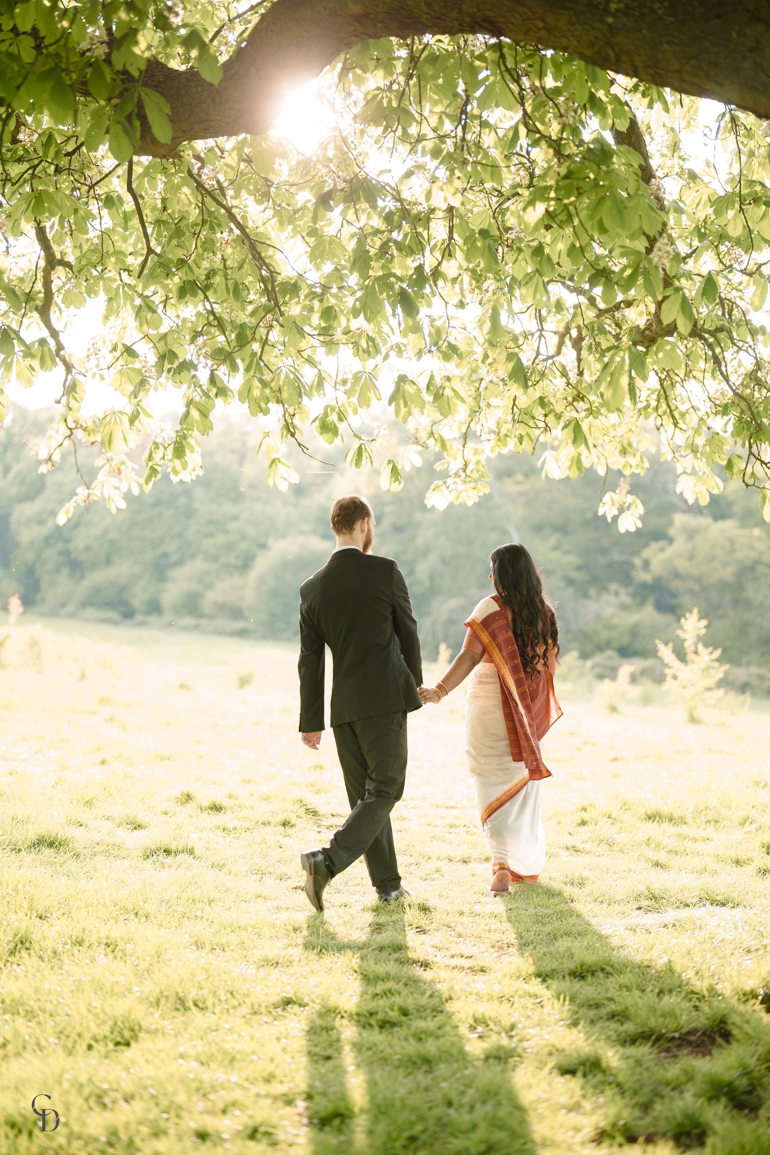 Couple walks through sun-dappled meadow beneath overhanging tree branches.