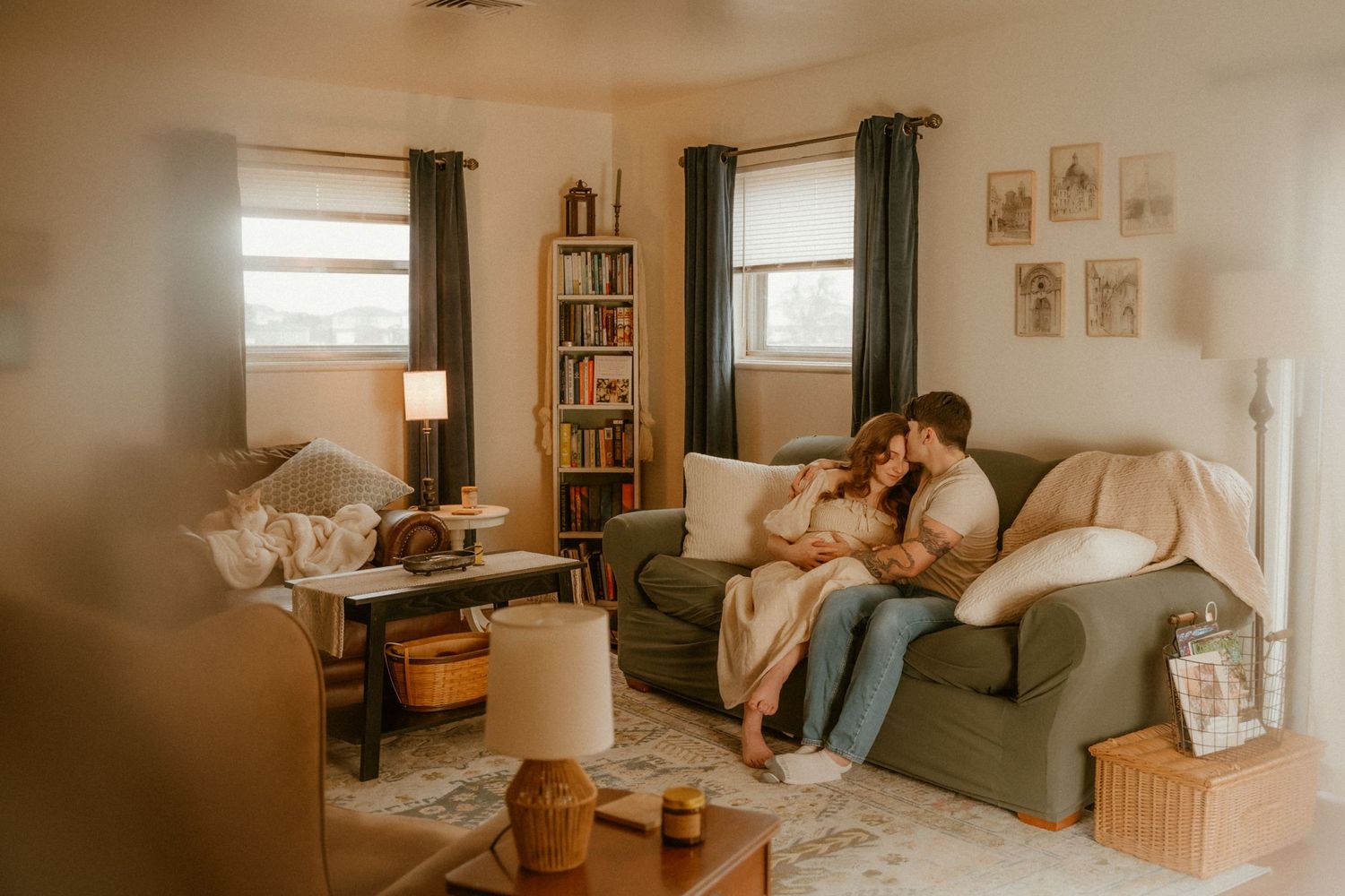 Maternity session photoshoot, in-home lifestyle, moody, vintage, grainy, couples, sweet, Altus Air Force Base Oklahoma AFB Home, Candid love
