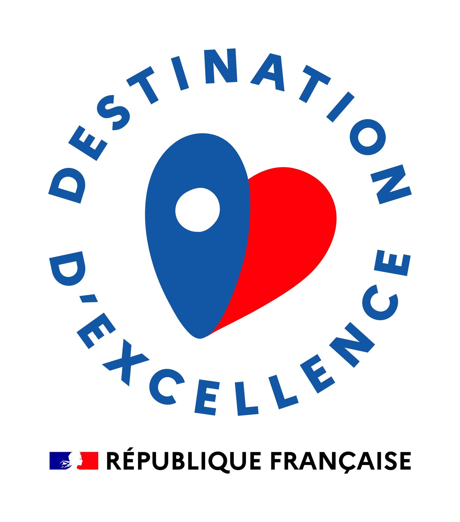 Circular arrangement of repeated French government Excellence logos in blue and red with 
