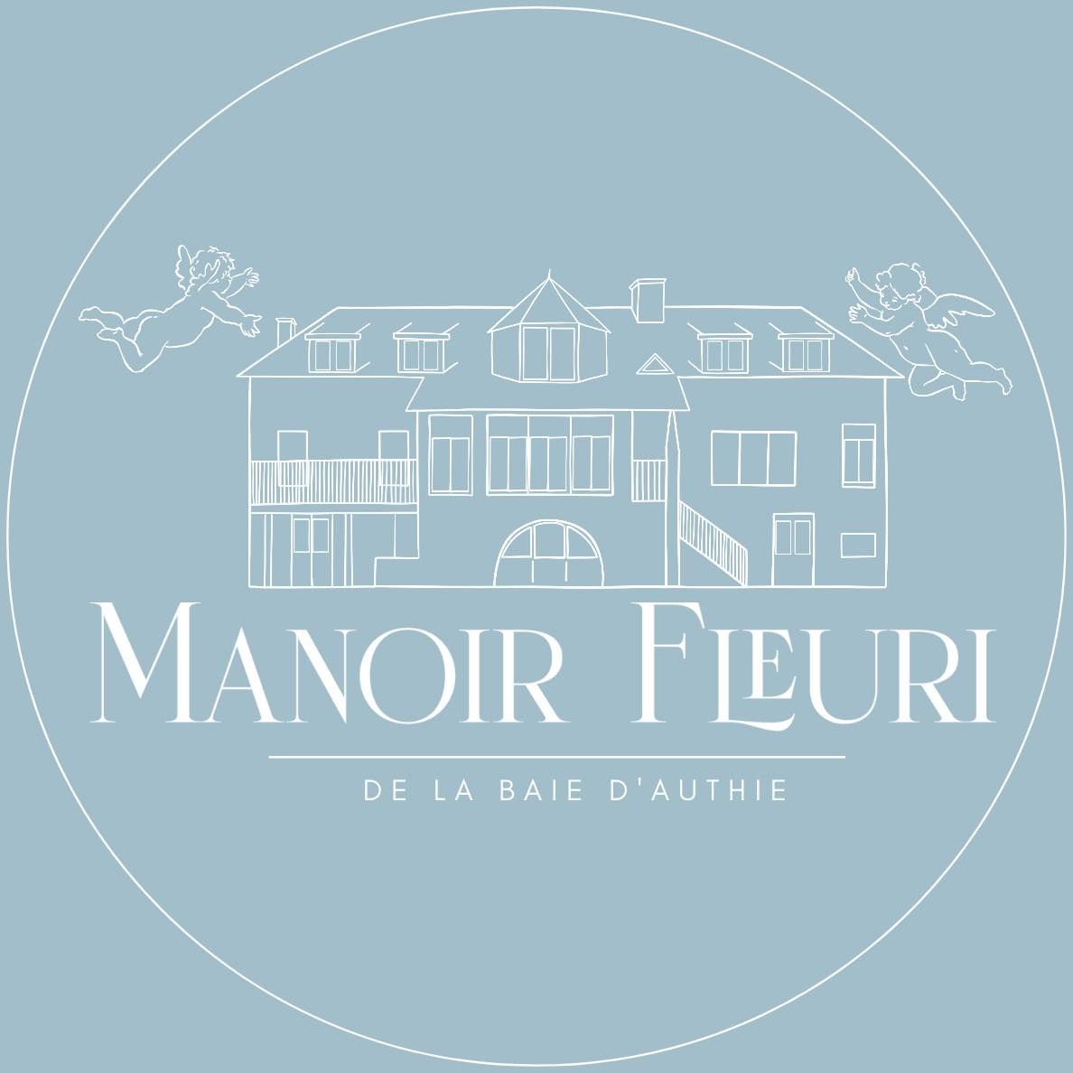 Four blue-tinted logo variations for Manoir Fleuri showing elegant text and architectural line drawings.