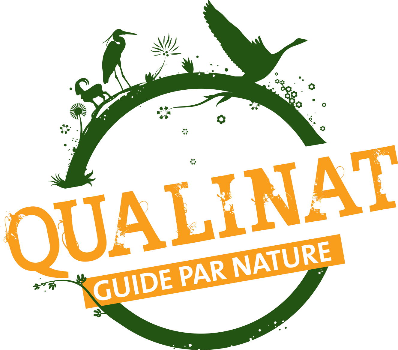 Green circular logo design featuring silhouettes of birds and natural elements with orange text reading 'Qualifinat Guide Par Nature'.