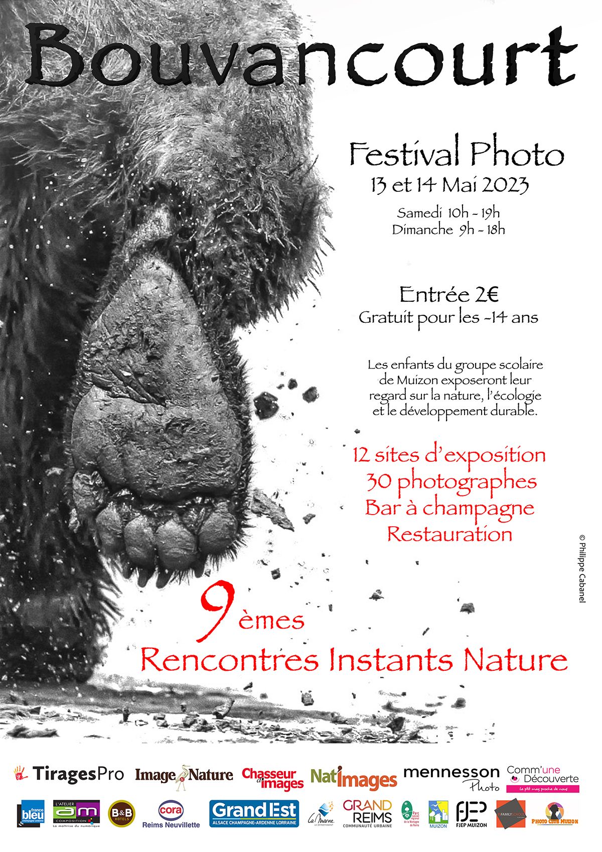 Festival photo poster featuring dramatic black and white close-up of a wild boar's snout for Bouvancourt nature event in March 2023.