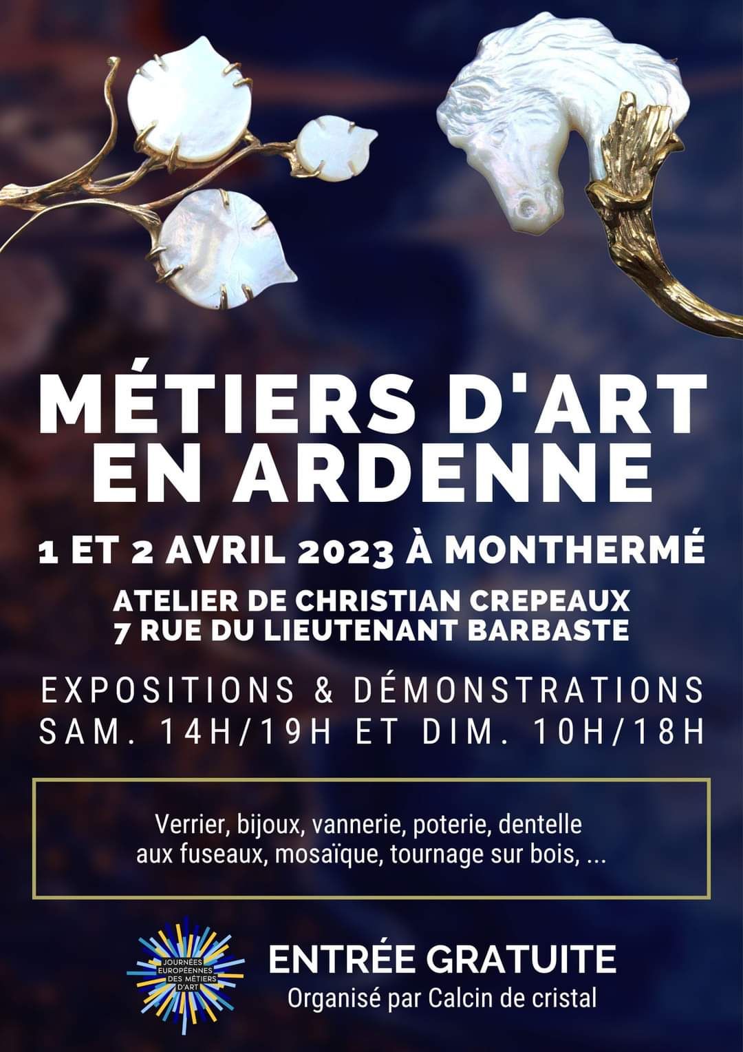 French artisan workshop sign advertising demonstrations of glass art and crafts on Rue du Lieutenant Barbaste.