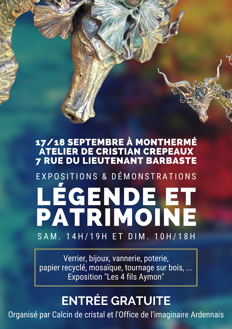 French cultural event poster featuring butterfly artwork and text for heritage exhibitions in Monthermé.