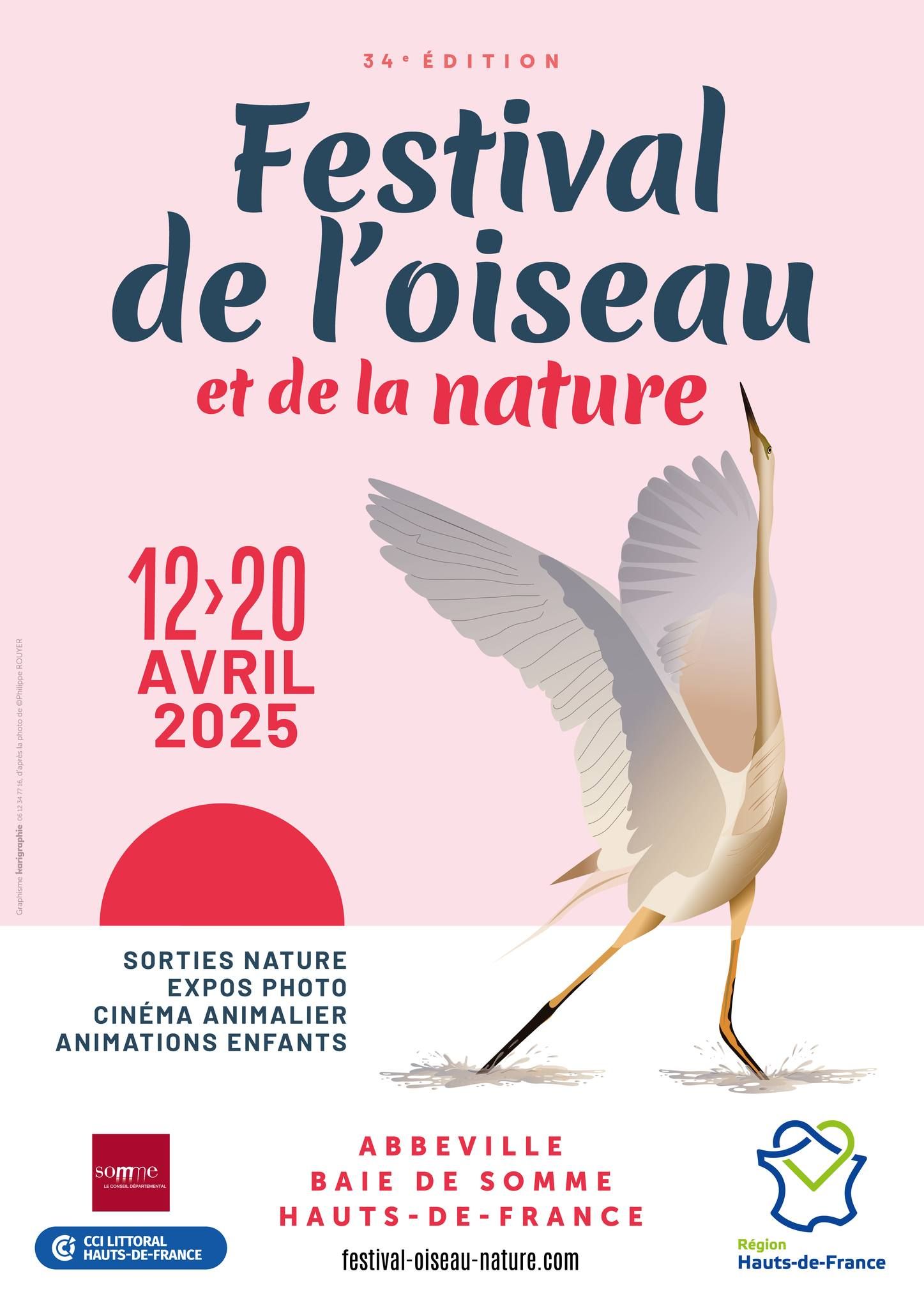Promotional poster for Festival de l'oiseau 2025 featuring an elegant white crane against a pink background.