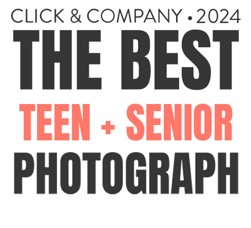 A collection of photography-related text overlays including 'Click & Company 2024' and 'Teen + Senior' in various fonts.